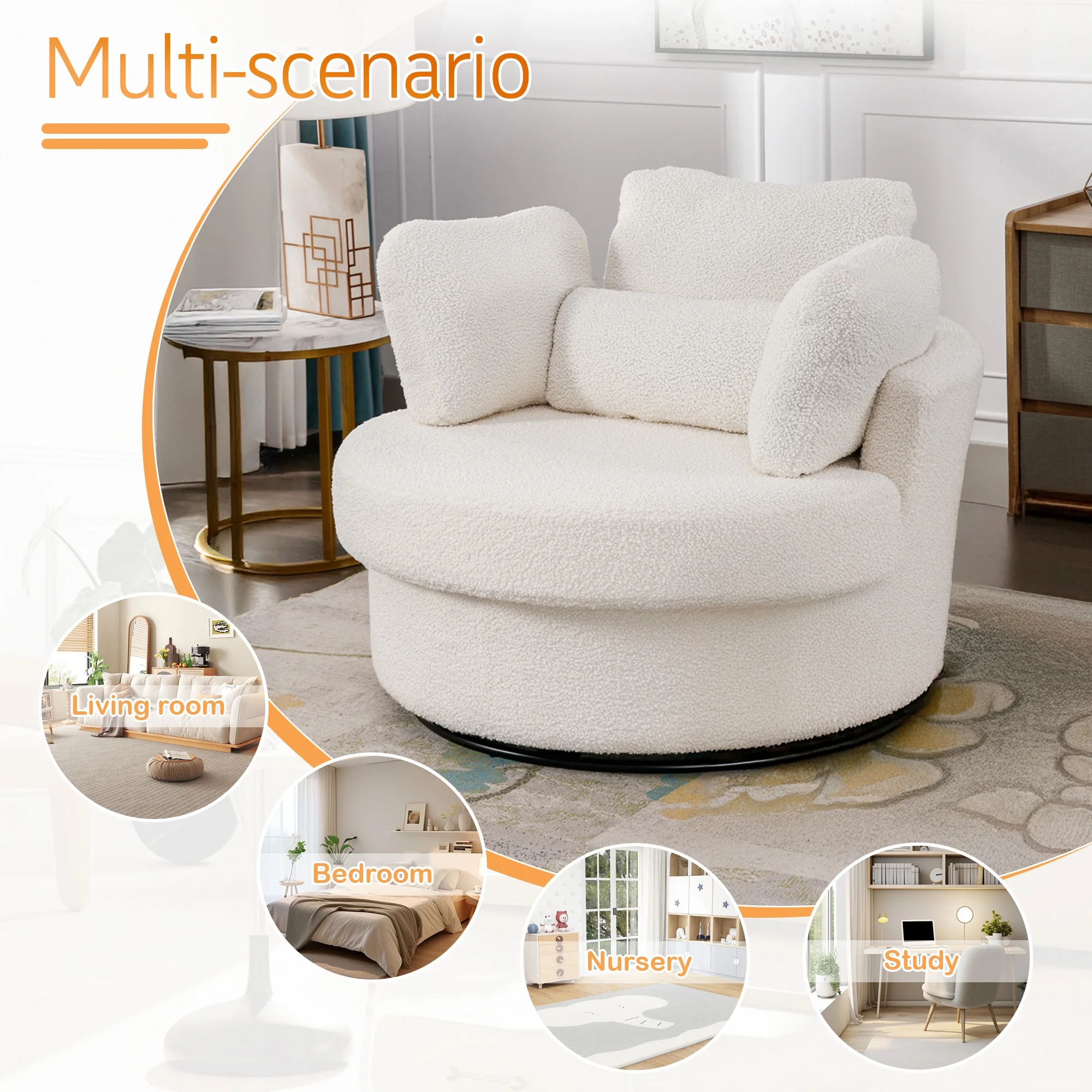 Muumblus Teddy Swivel Accent Barrel Chair, Modern Oversize Sherpa Comfy Round Reading Armchair for Living Room, Ivory
