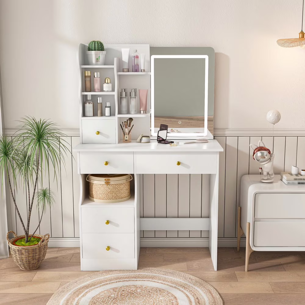 Kadyn Vanity Desk with Lighted Mirror, Vanity Table and Chair Set with 2 Drawers, Dressing Table Makeup Desk with 1 Door, Retro Gray