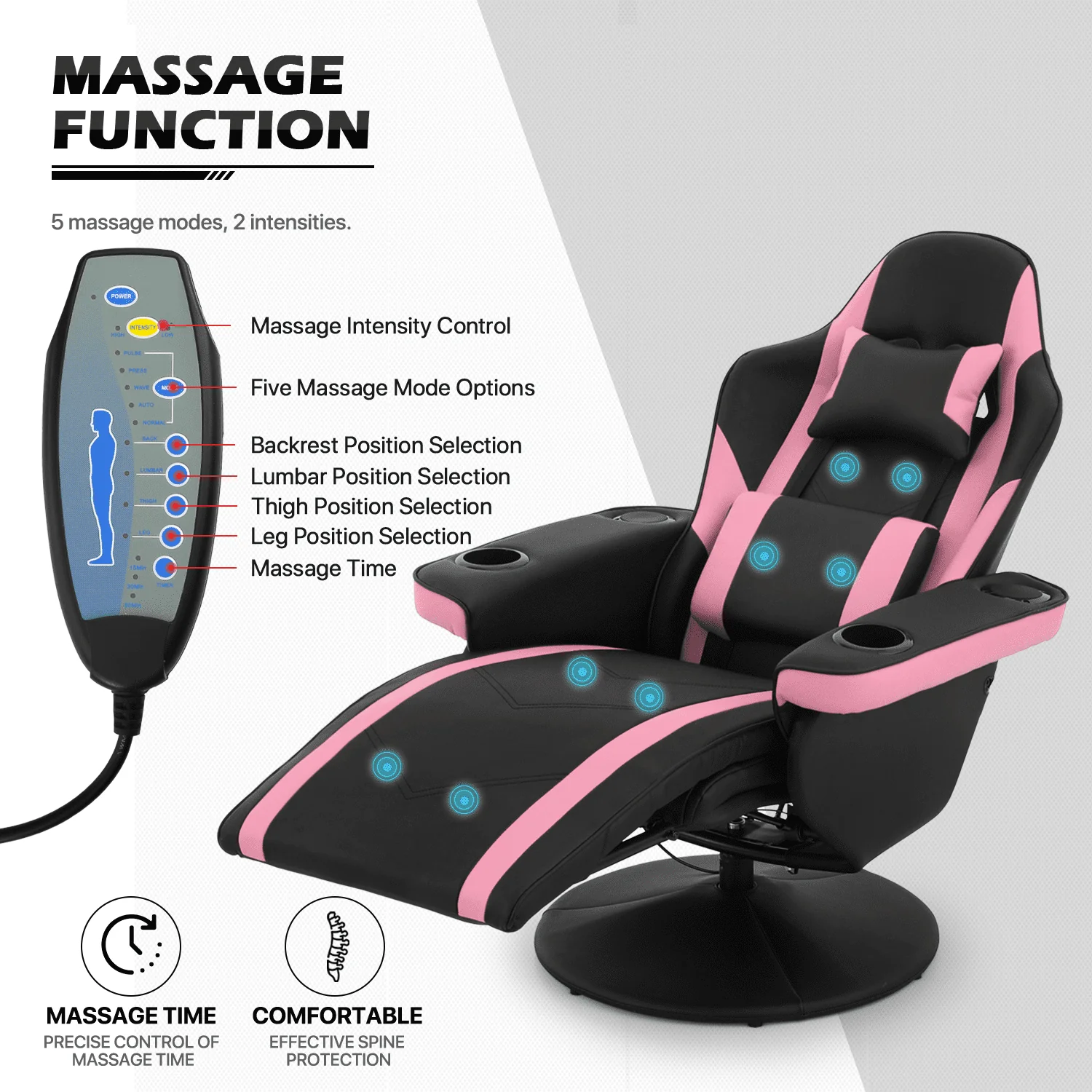 MoNiBloom Massage Video Gaming Recliner Chair, Ergonomic Computer Desk Chair with Bluetooth Speakers, High Back PU Leather Chair with Adjustable Backrest, Footrest and Lumbar Support, Pink