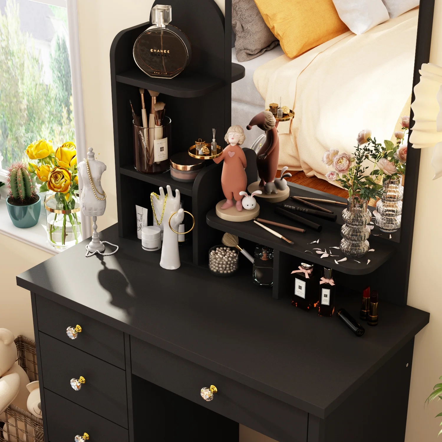KULAGAGA Vanity Table Set with Light Mirror, Makeup Table with 3 Storage Shelves & 5 Drawers, Dressing Vanity Tables with , Dresser Desk for Girls, Women, White