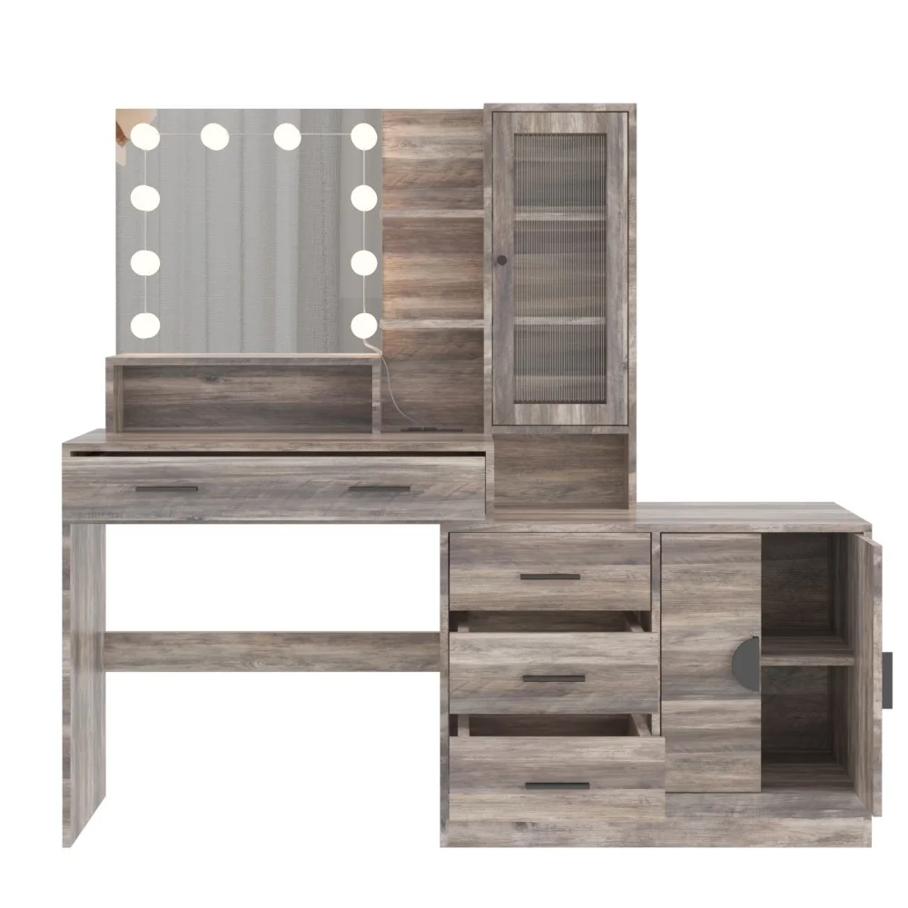IVV Vanity Desk with Lighted Mirror and Charging Station, Makeup Dressing Table with 5 Drawers and Storage Cabinet, 10 LED Bulbs, 3-Color Lighting Modes, Brightness Adjustable, Black