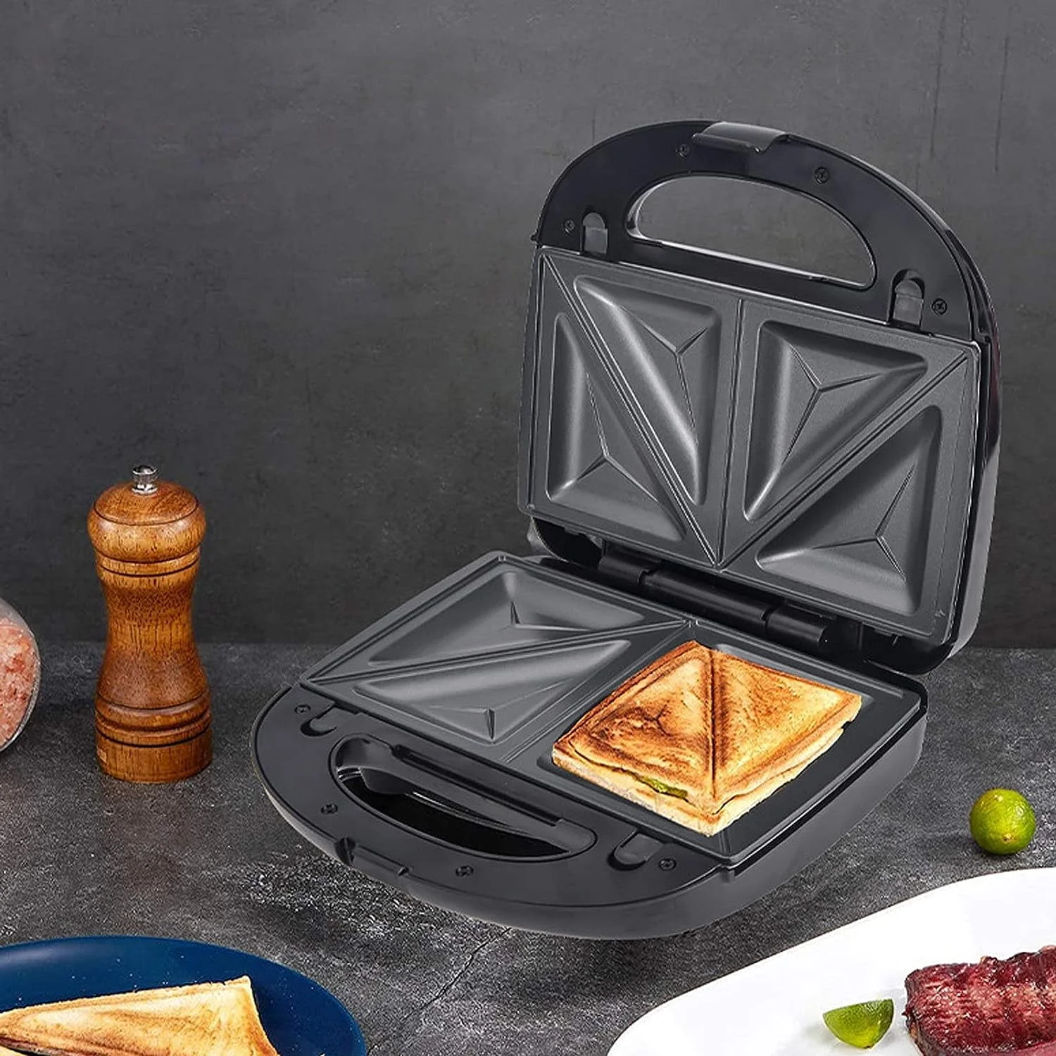 3 in 1 Electric Sandwich Maker, Panini Press Grill and Waffle Iron Set with Removable Non-Stick Plates, Perfect for Cooking Grilled Cheese, Tuna Melts, Burgers, Steaks and Snacks, Black