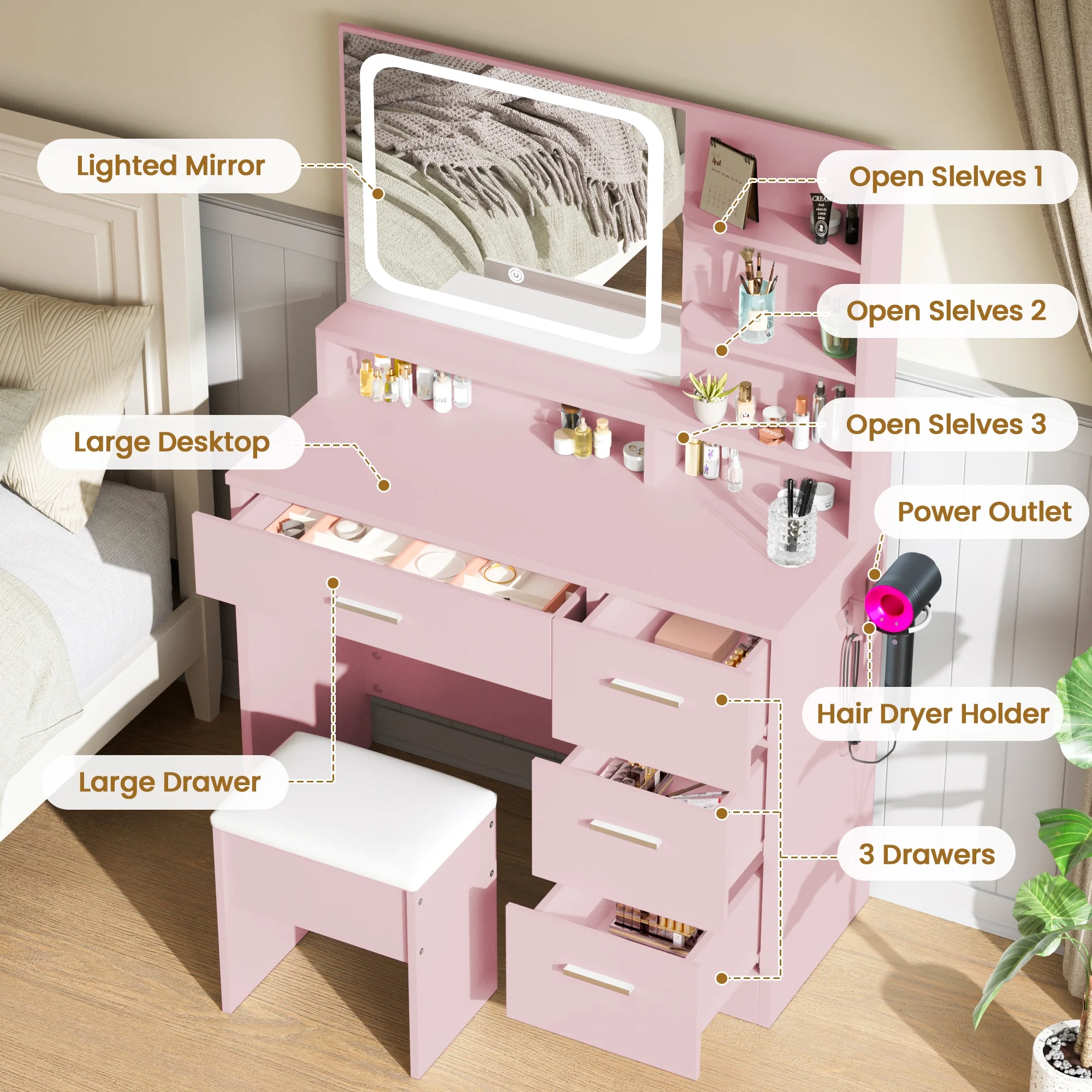 LIVELYGLOW Vanity Desk with Mirror and Lights, Makeup Vanity with Drawer & Storage Shelves, Cabinet, 3 Lighting Modes Adjustable Brightness,White