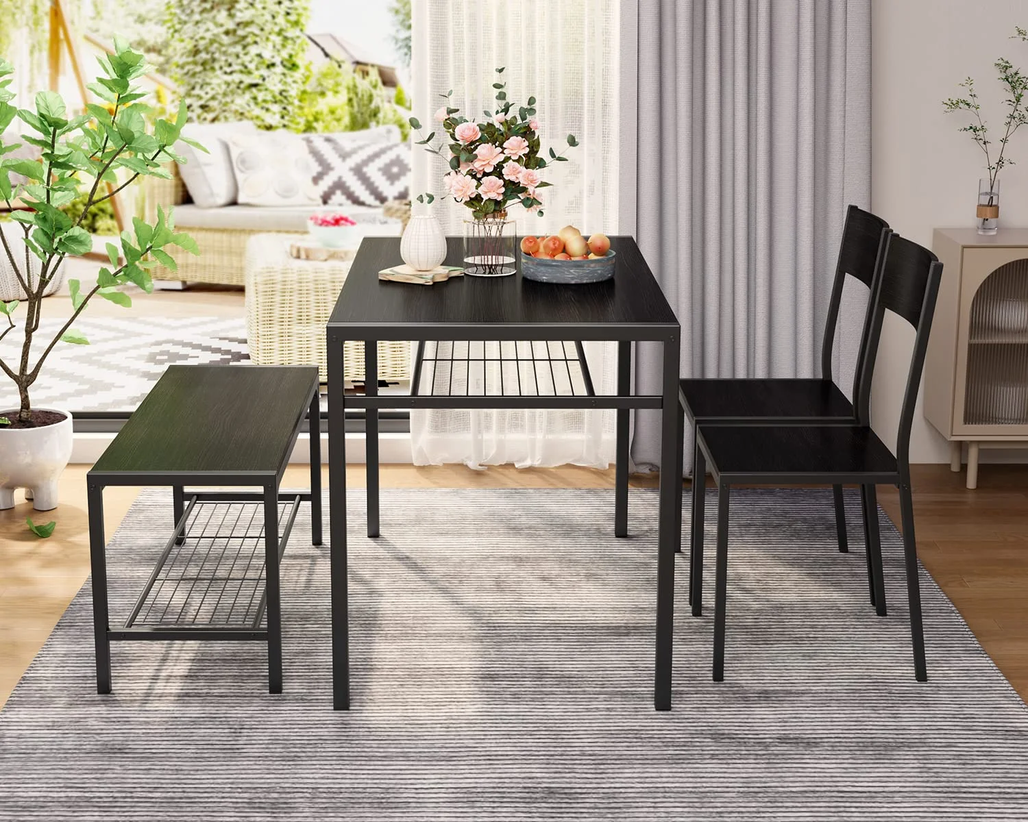 Lofka Dining Table Set for 4, Kitchen Table and Chairs Set with Bench for Small Space,  Breakfast Nook, Black