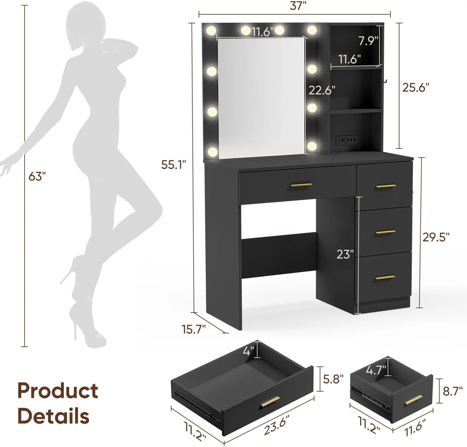 Cottinch Vanity Desk 3 Color Lighted Mirror,Makeup Dressing Table with 4 Drawers and Storage Shelves,2 Outlets,2 USB Ports,White