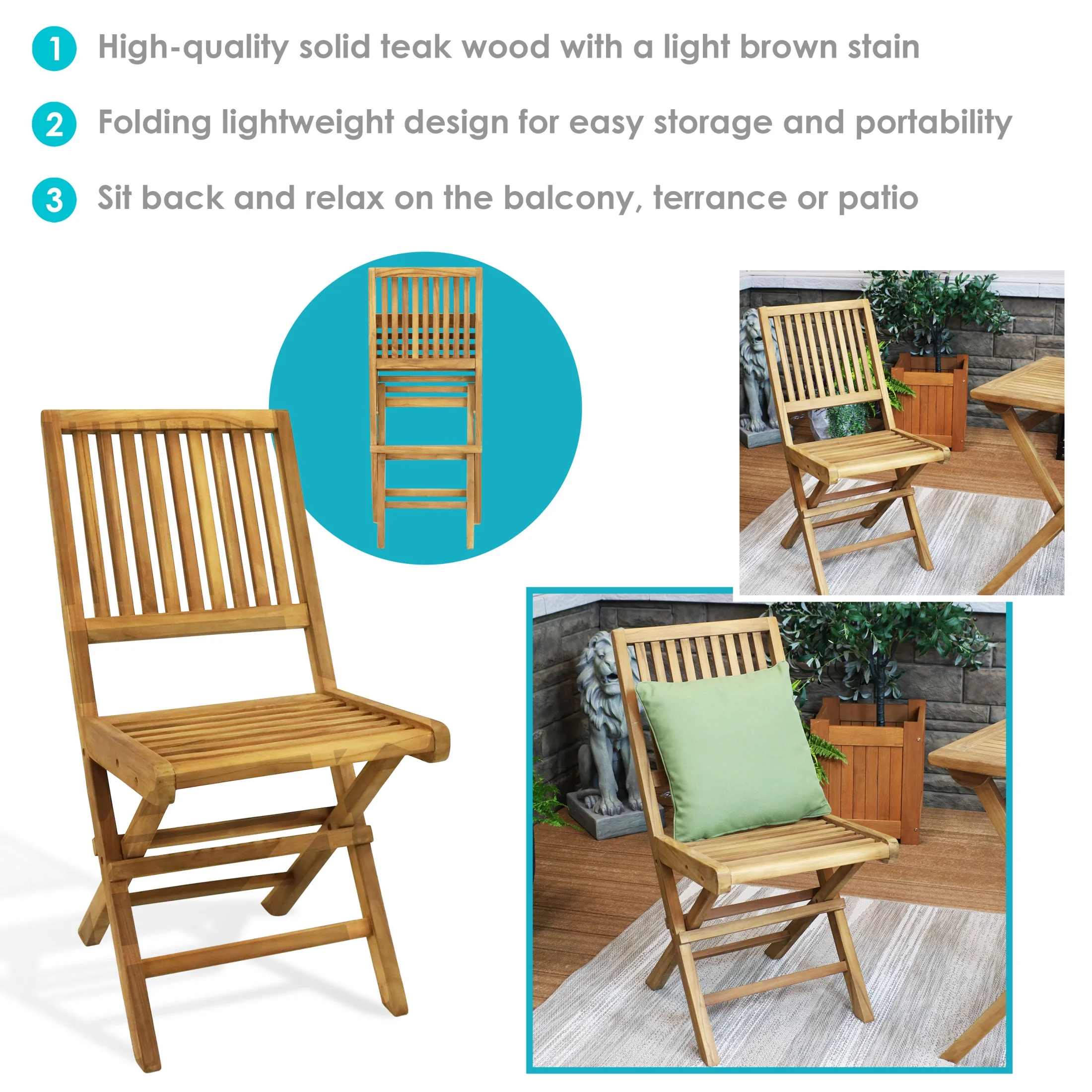 Sunnydaze Nantasket Teak Outdoor Dining Chair - Set of 2