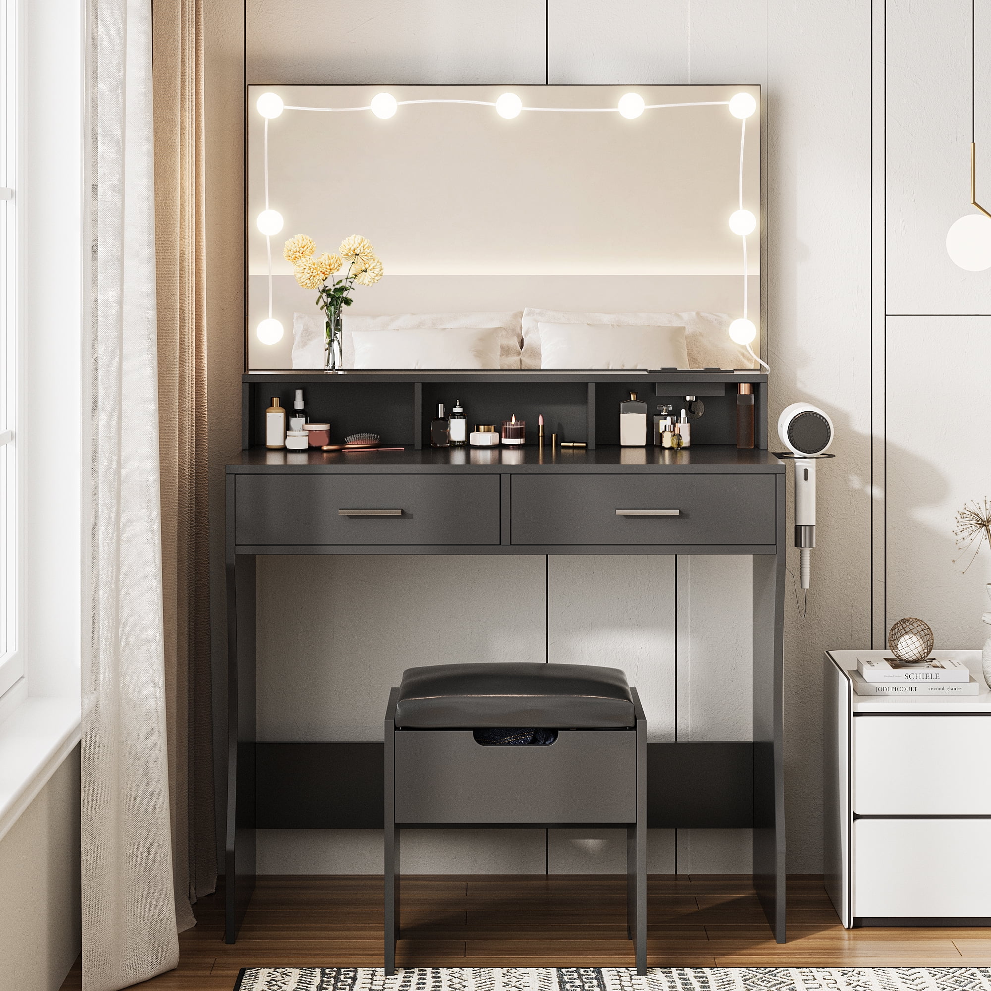 Modern Vanity Table Set with Lighted Mirror,Makeup Table with 2 Drawers & Power Strip,Dresser Desk for Girls, Women, White
