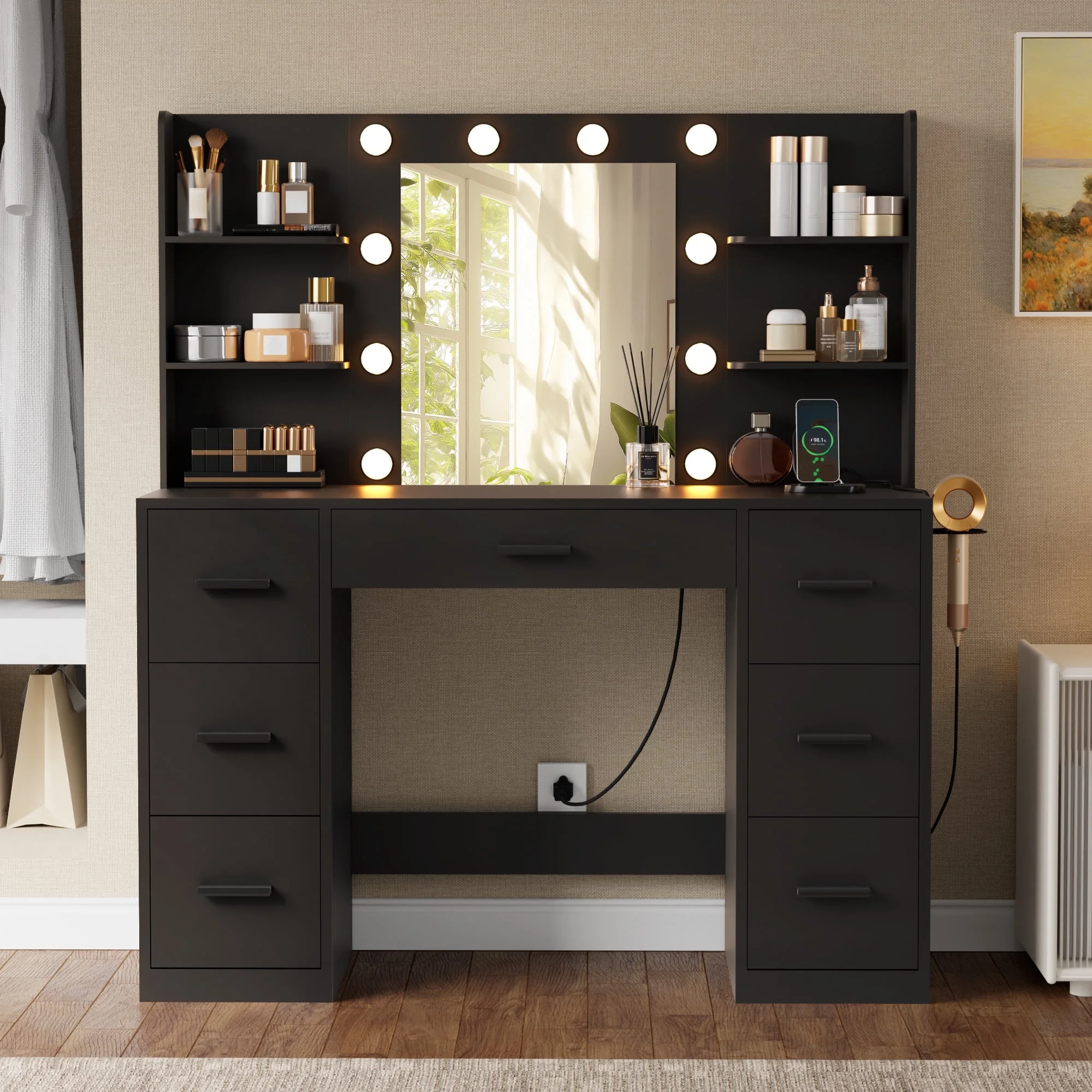 Lacoo Vanity Desk with Mirror and LED Lights, Makeup Vanity with 7 Drawers & 4 Shelves, Vanity Table with Power Outlet for Bedroom Dressing Room, White
