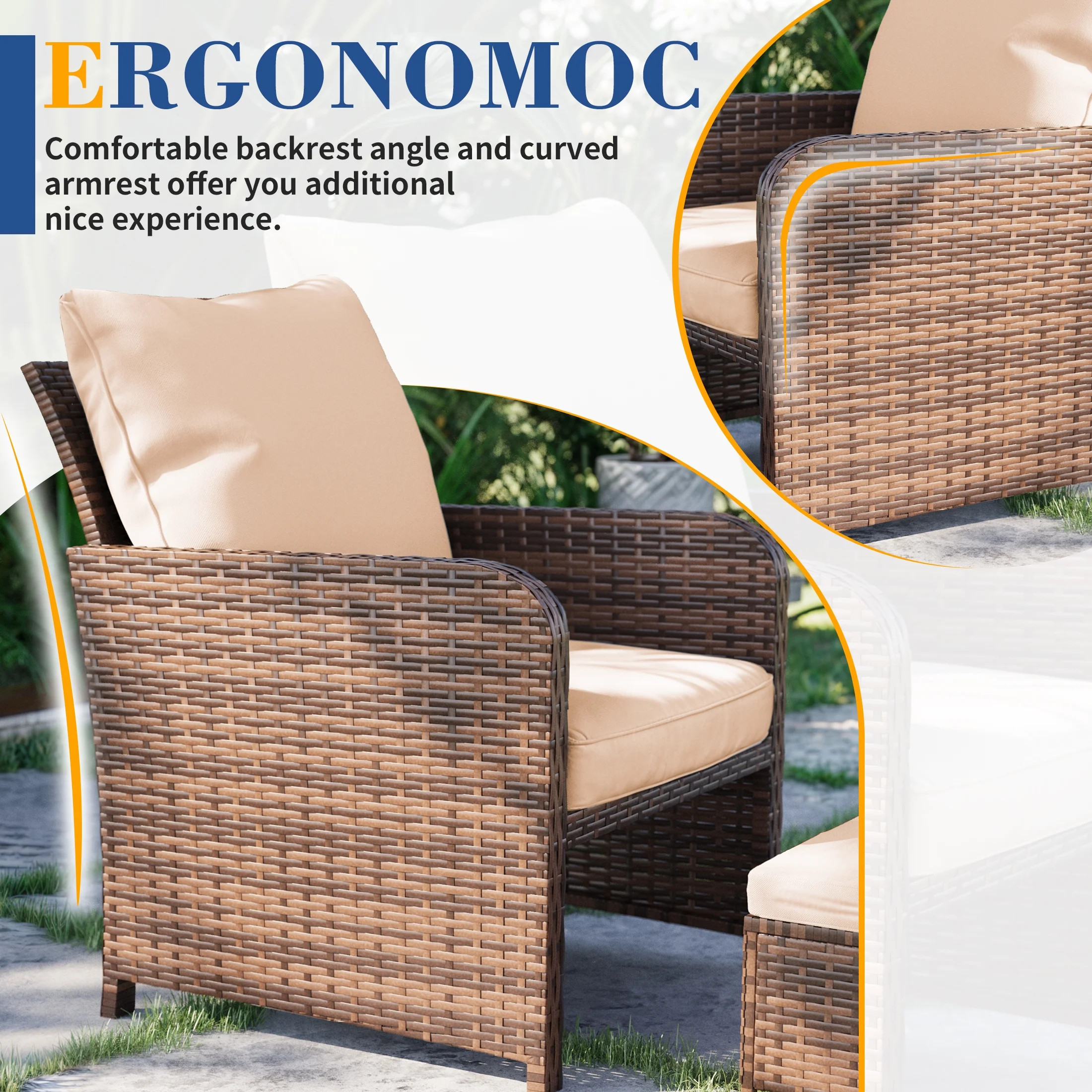 Poteban Balcony Furniture 5 Piece Patio Furniture Set, Outdoor Patio Chair with Ottoman for Front Porch Deck, Wicker Lounge Chair with Side Table, Grey