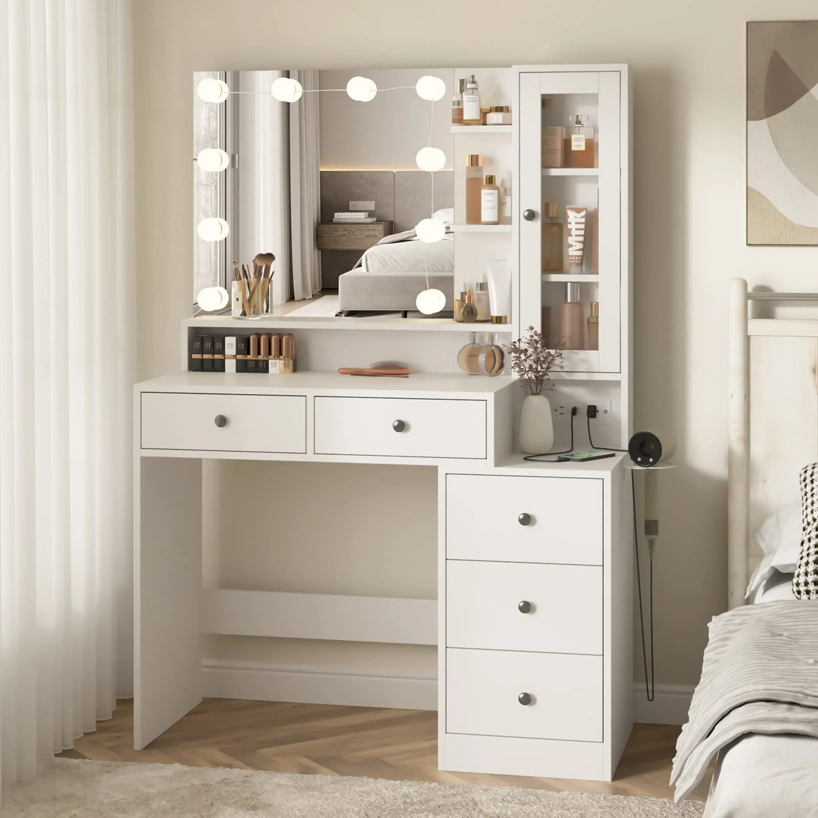 VEANERWOOD Makeup Vanity Desk with Lighted Mirror and Power Strip, Modern Vanity Table with 5 Drawers, White