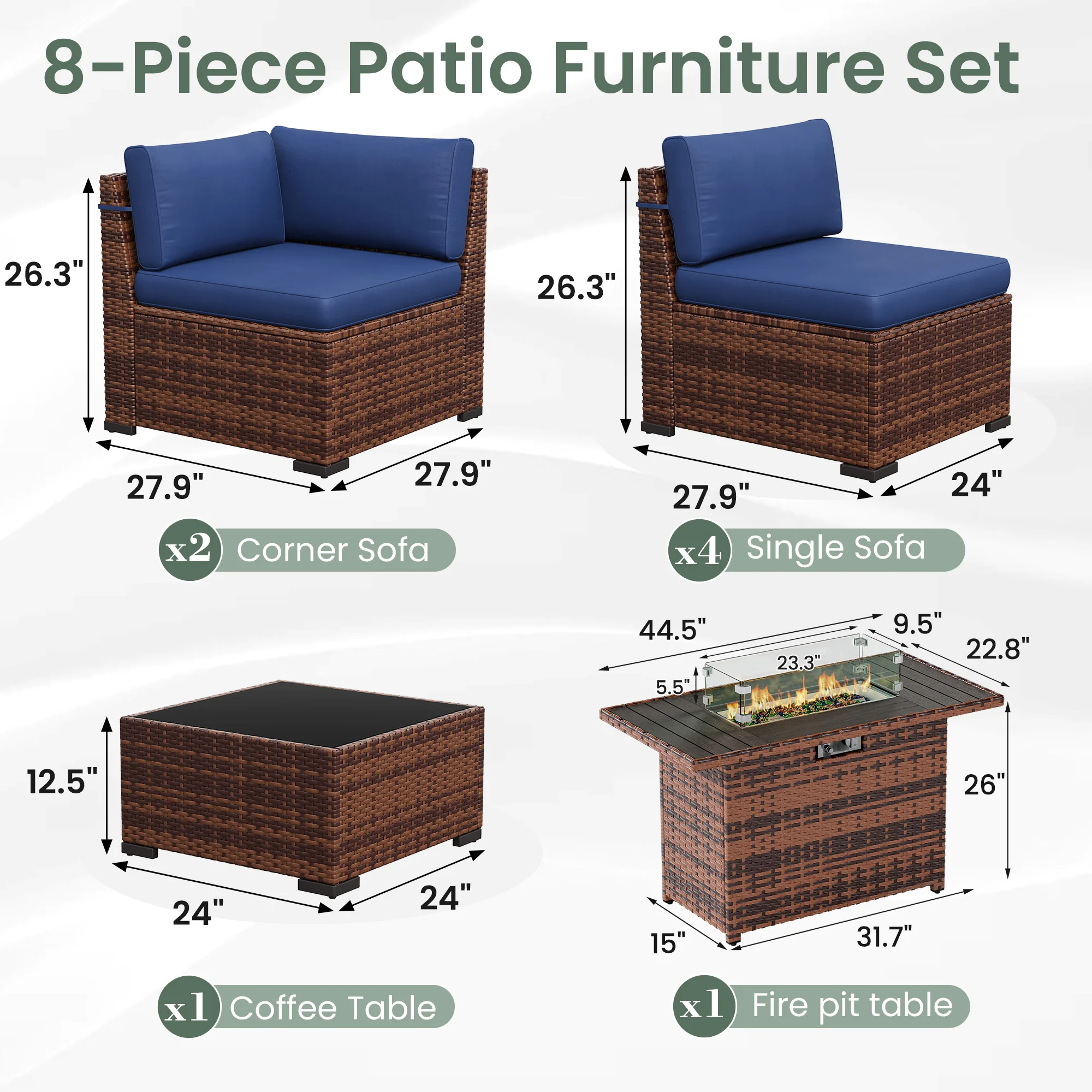 Poteban 7 Pieces Outdoor Sectional Sofa Set , PE Wicker Rattan Slanted Back Outdoor Conversation with Cushions and Glass Coffee Table for Backyard Garden, Dark Gray
