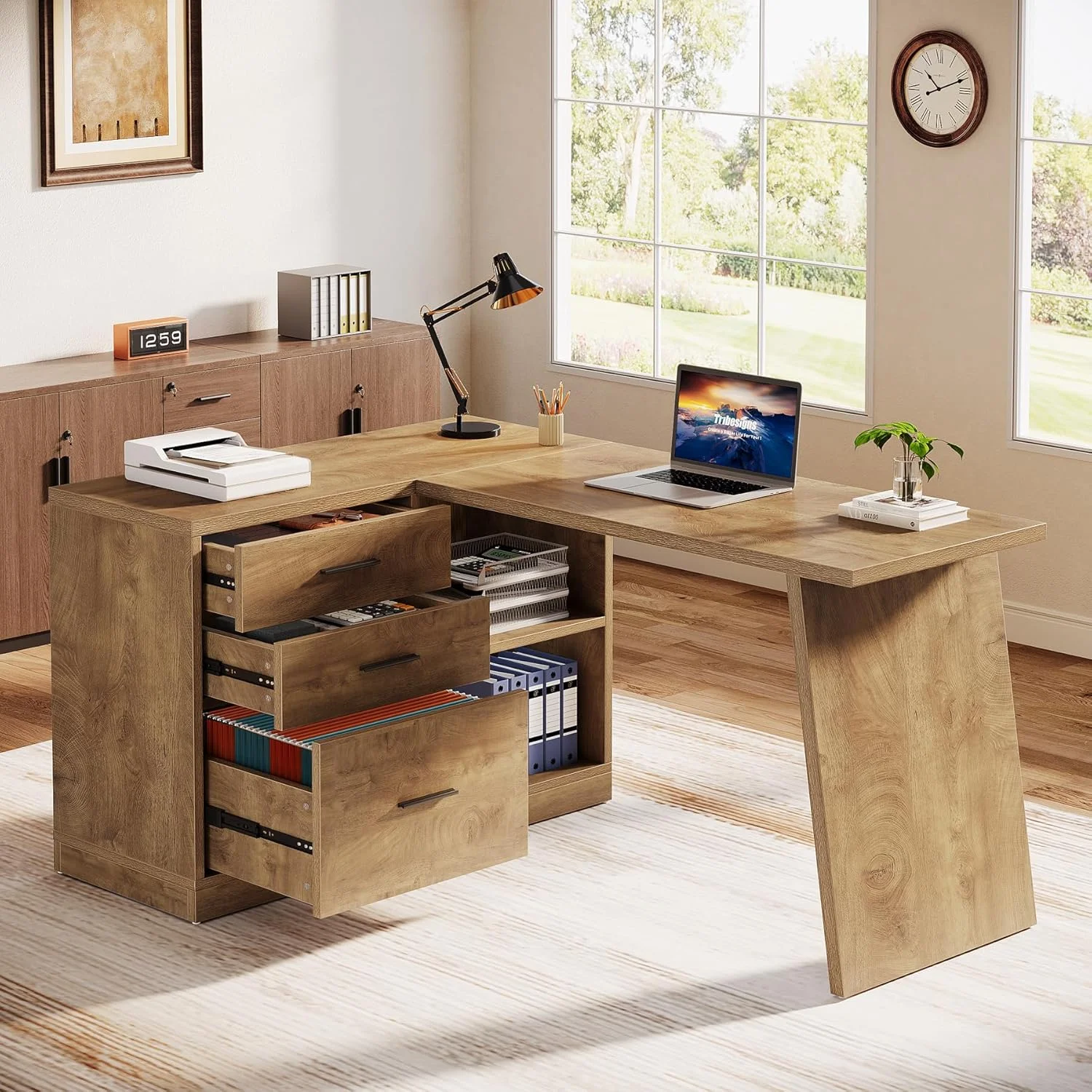 55-Inch L Shaped Computer Desk with 3 Drawers, Corner Home Office Desk with Storage Shelves