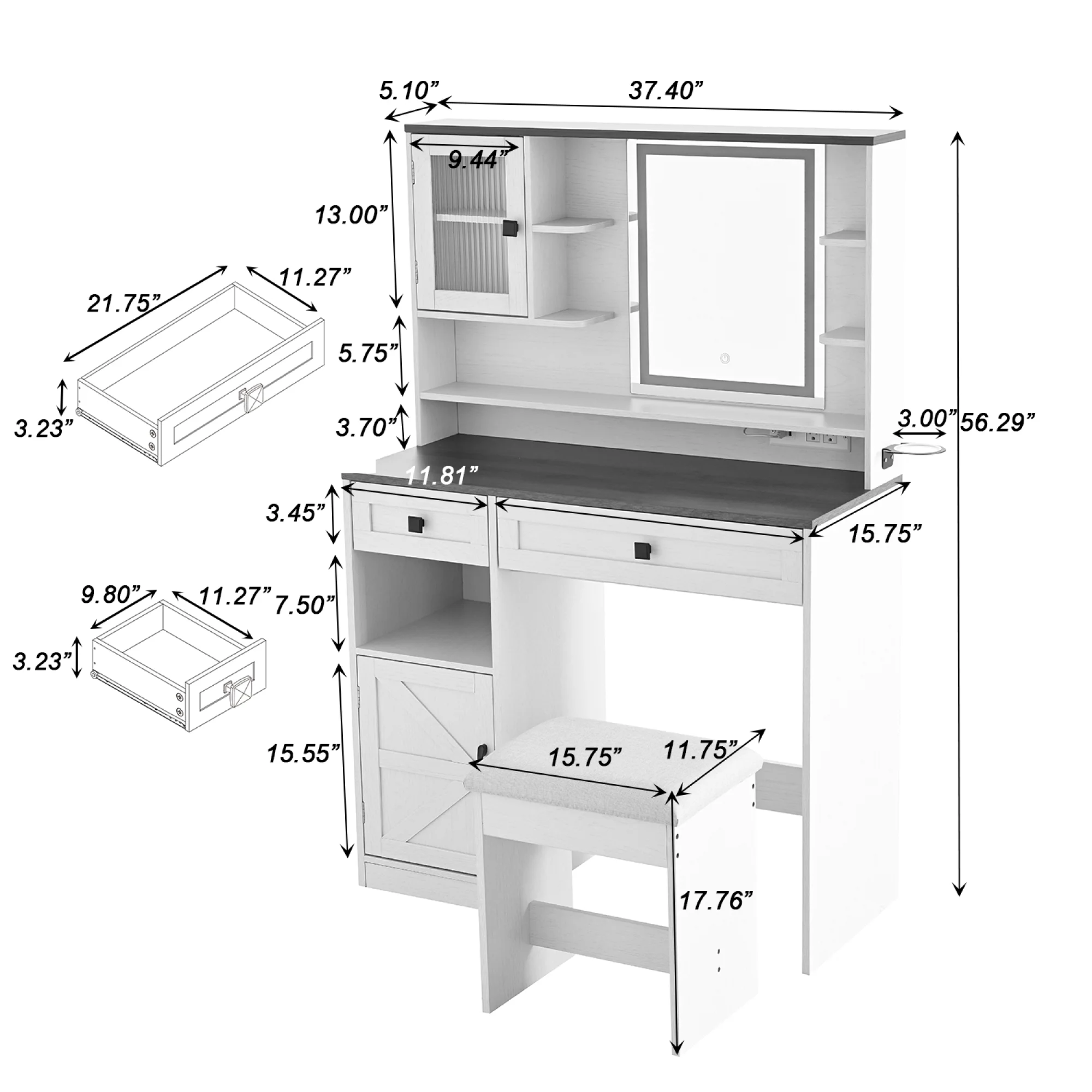 Farmhouse Makeup Vanity Desk with Mirror and Lights,Dressing Table Set with Charging Station and Stool,Drawers,Shelves and Side Cabinet,White