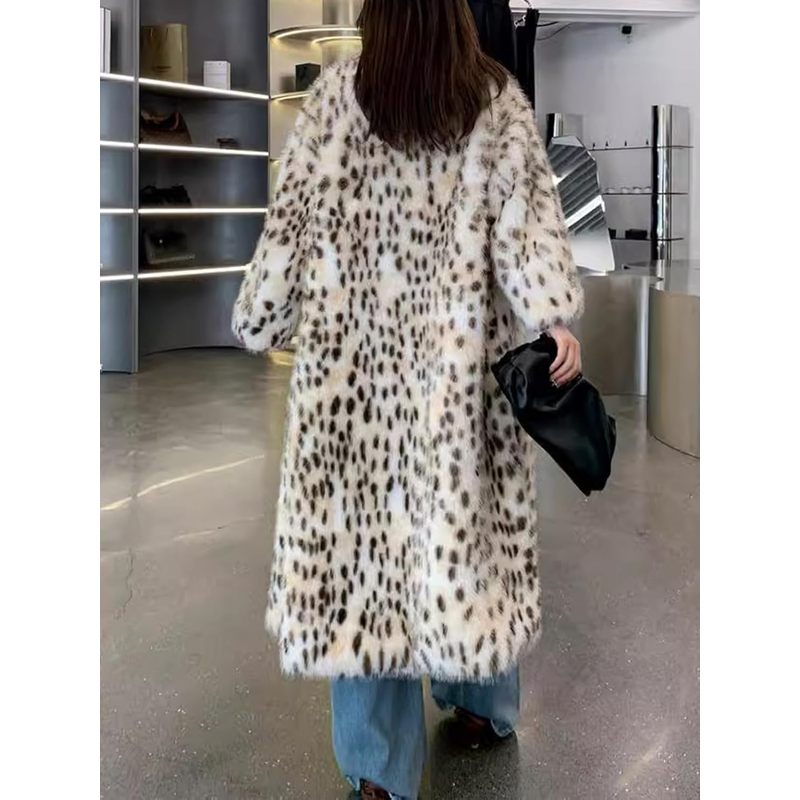 Women's Faux Fur Leopard Long Coat with Lapel