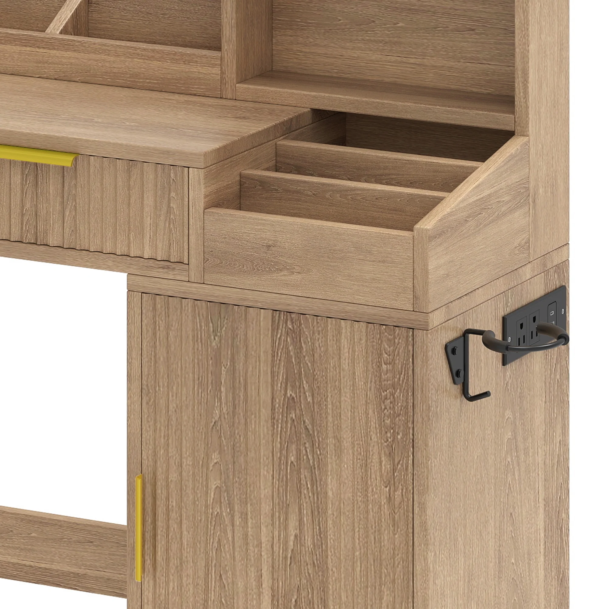 Uforic Vanity Desk with Mirror and LED Lights, Makeup Vanity Table with 2 Drawers & 11 Shelves, Makeup Table with Power Outlet for Bedroom Dressing Room,Oak