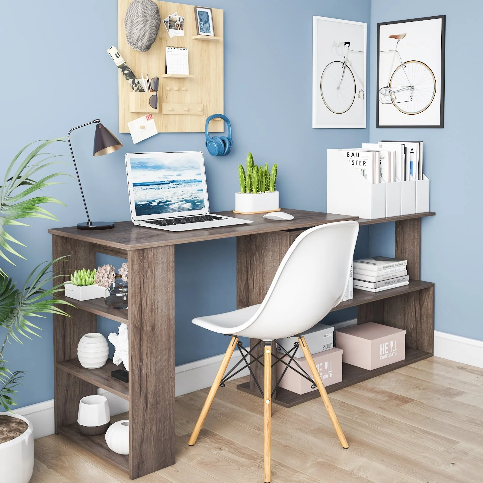Hoffree 360 Degree Rotating Computer Desk L Shaped Corner Desk with Storage Shelf Office Home Study Workstation