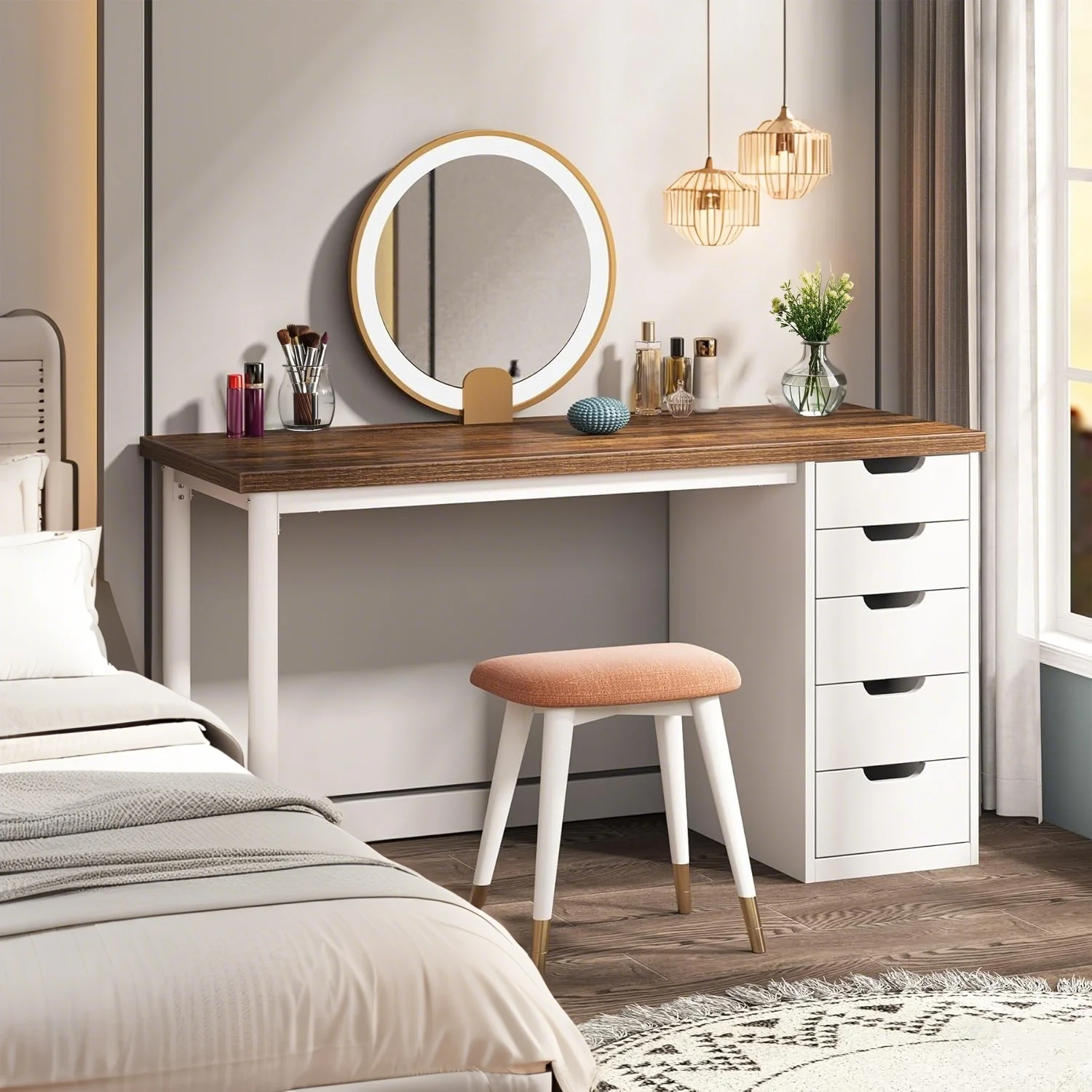 Tribesigns 47 inches Vanity Desk with 5 Drawers, Rustic Makeup Dressing Table with Storage, Modern Simple Computer Desk for Women, Girls (Brown)