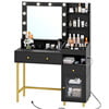 Black Vanity Desk Table with Mirror and Lights in 3 Colors,Modern Makeup Vanity Desk Dressing Table with Charging Station & Drawers & Storage Cabinet for Women Girls