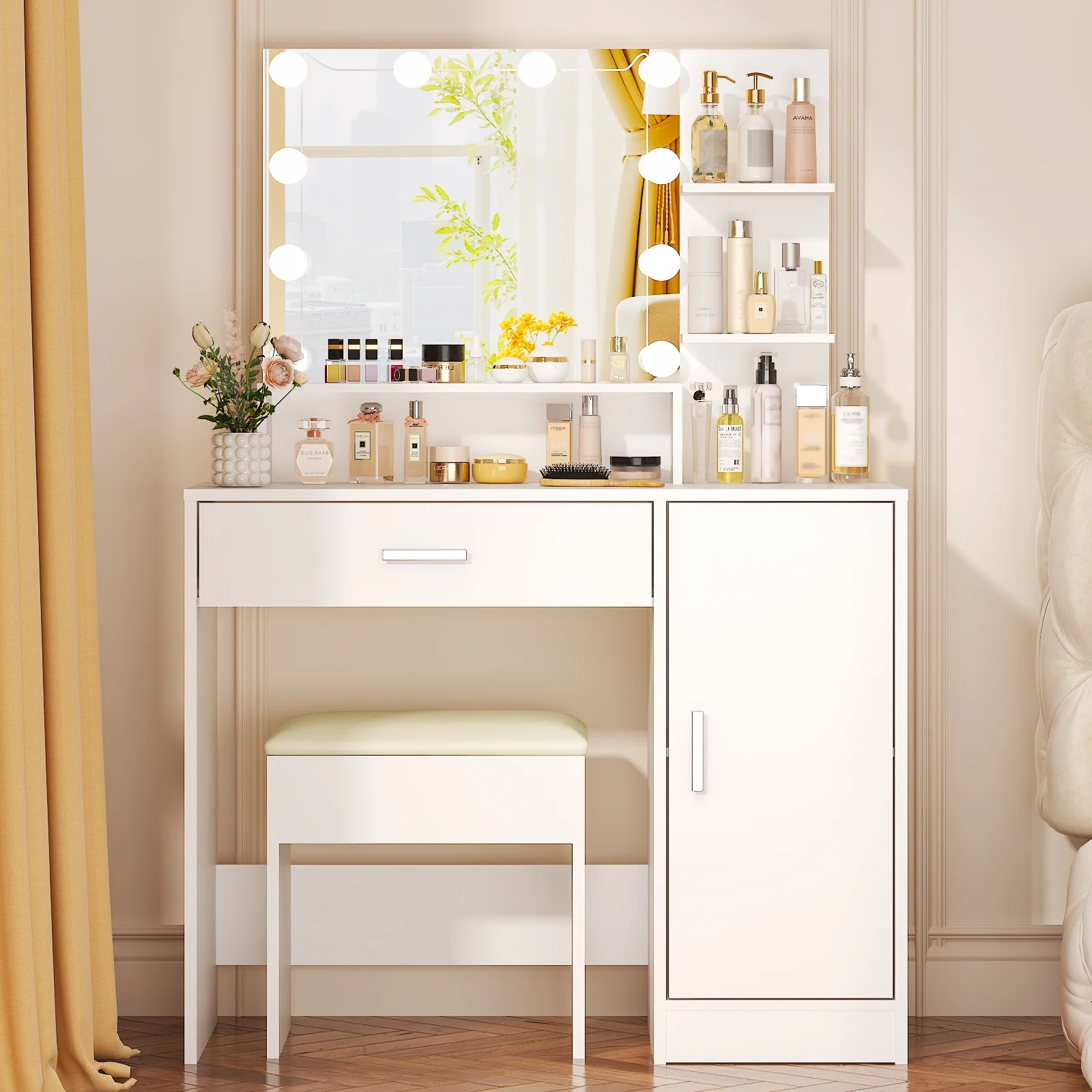 Ktaxon Vanity Set with 3 Color Lighted Mirror, Makeup Table with 3 Storage Shelves & Drawers, Dressing Table Makeup Desk with Stool,White