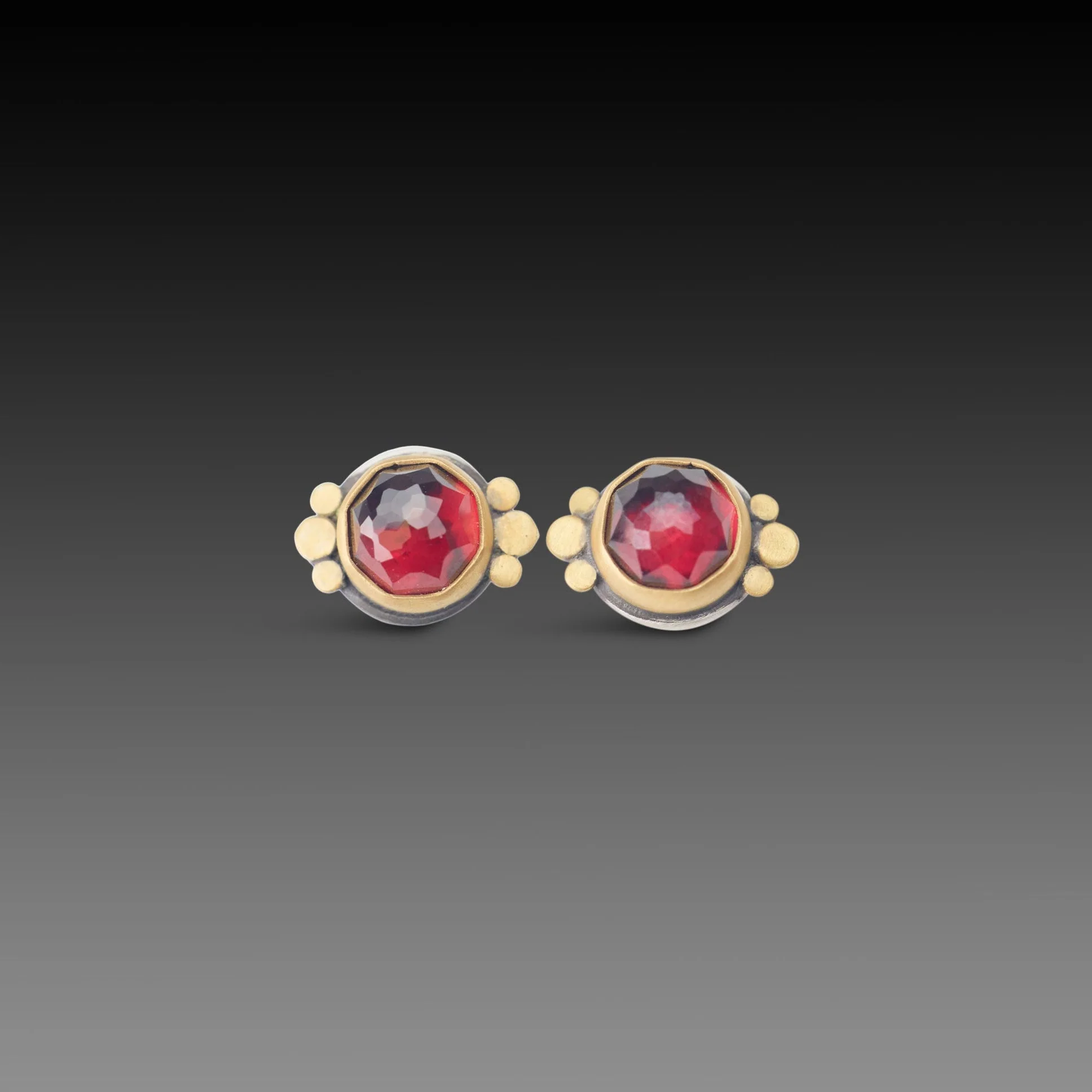 Round Garnet Stud Earrings with Trios
