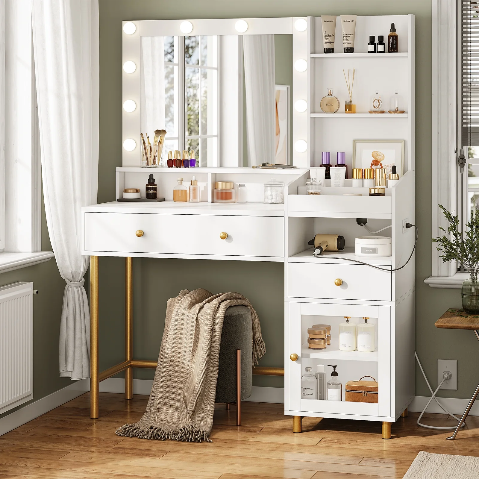 AOGLLATI Makeup Vanity Desk with Mirror & Lights in 3 Colors White Dressing Table with Charging Station & Unique Separation Design