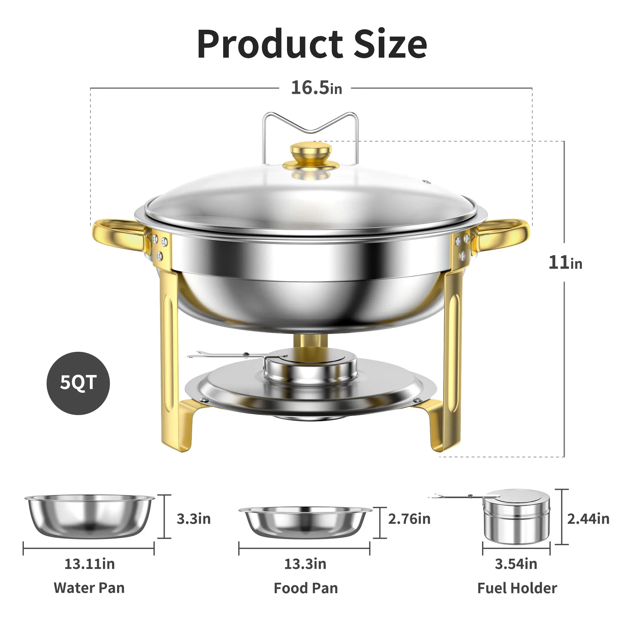 Chafing Dish Buffet Set 4 Pack: TINANA 5QT Stainless Steel Chafing Dishes with Glass Lid & Lid Holder, Round Food Warmers for Parties, Events, Wedding-Gold