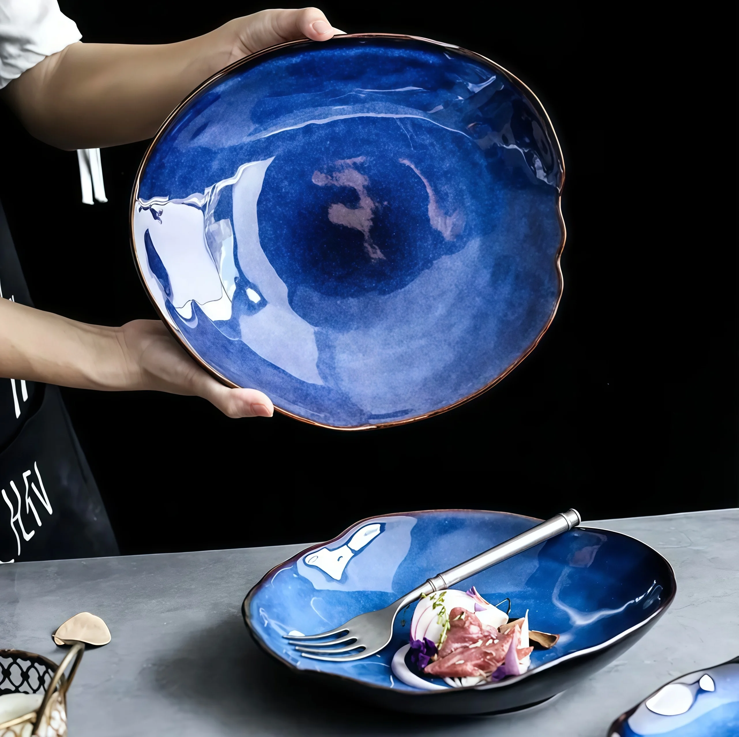 TAUFIKT 16pcs Nordic-style Ceramic Tableware Set, Blue Irregular Artistic Design Dinnerware