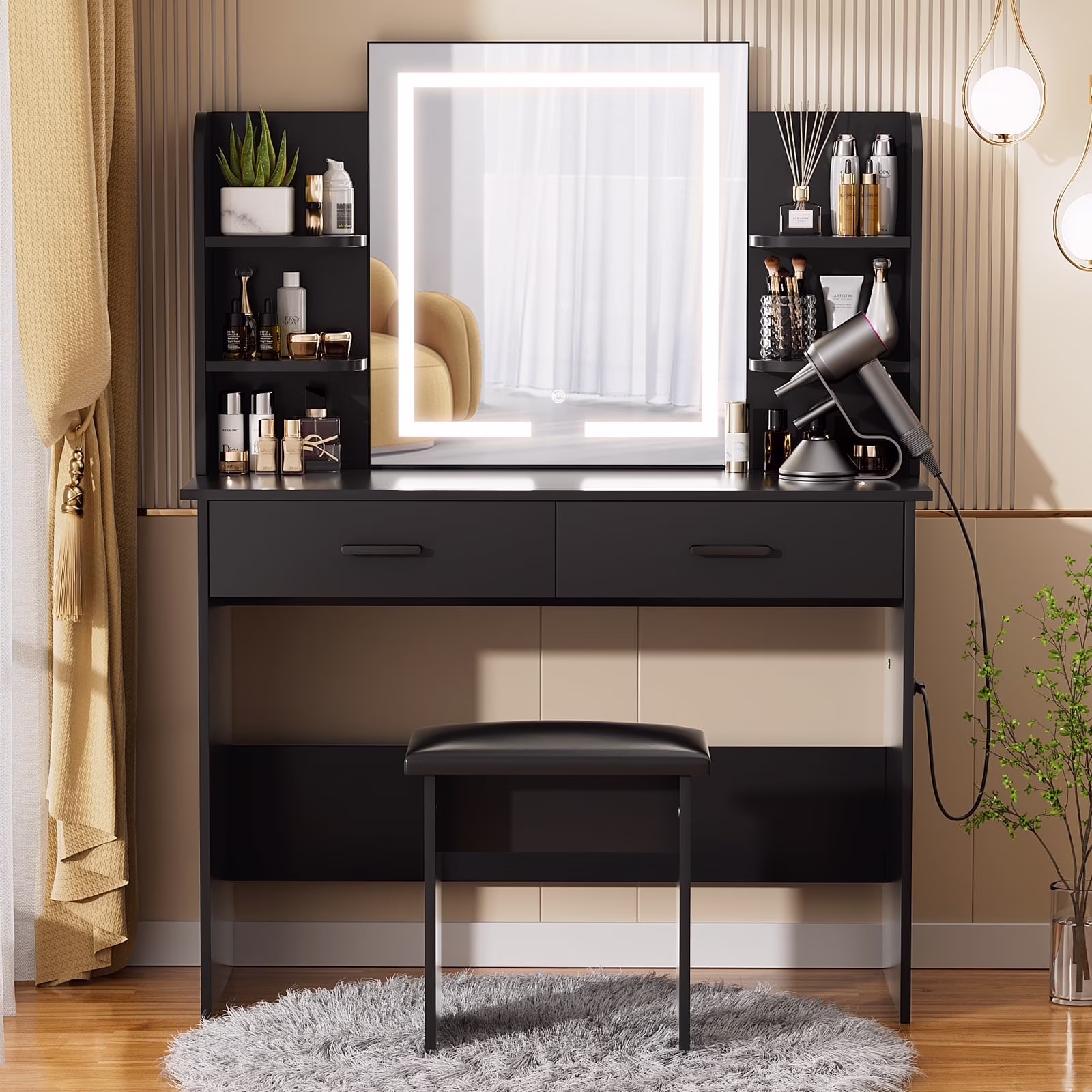 RichYa Modern Makeup Vanity Set with Lights Mirror and Drawers,White Makeup Desk,Dressing Table