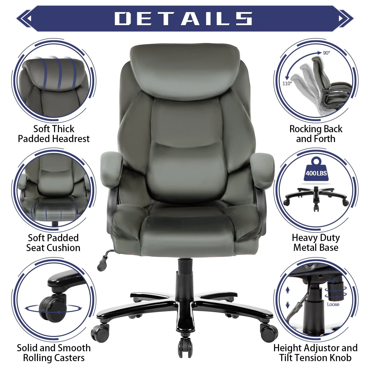 JONPONY Home Office Chair, Big and Tall Chair 8 Hours Heavy Duty Design, Ergonomic High Back Cushion Lumbar Back Support, Computer Desk Chair, Adjustable Executive Leather Chair with Arms,Grey