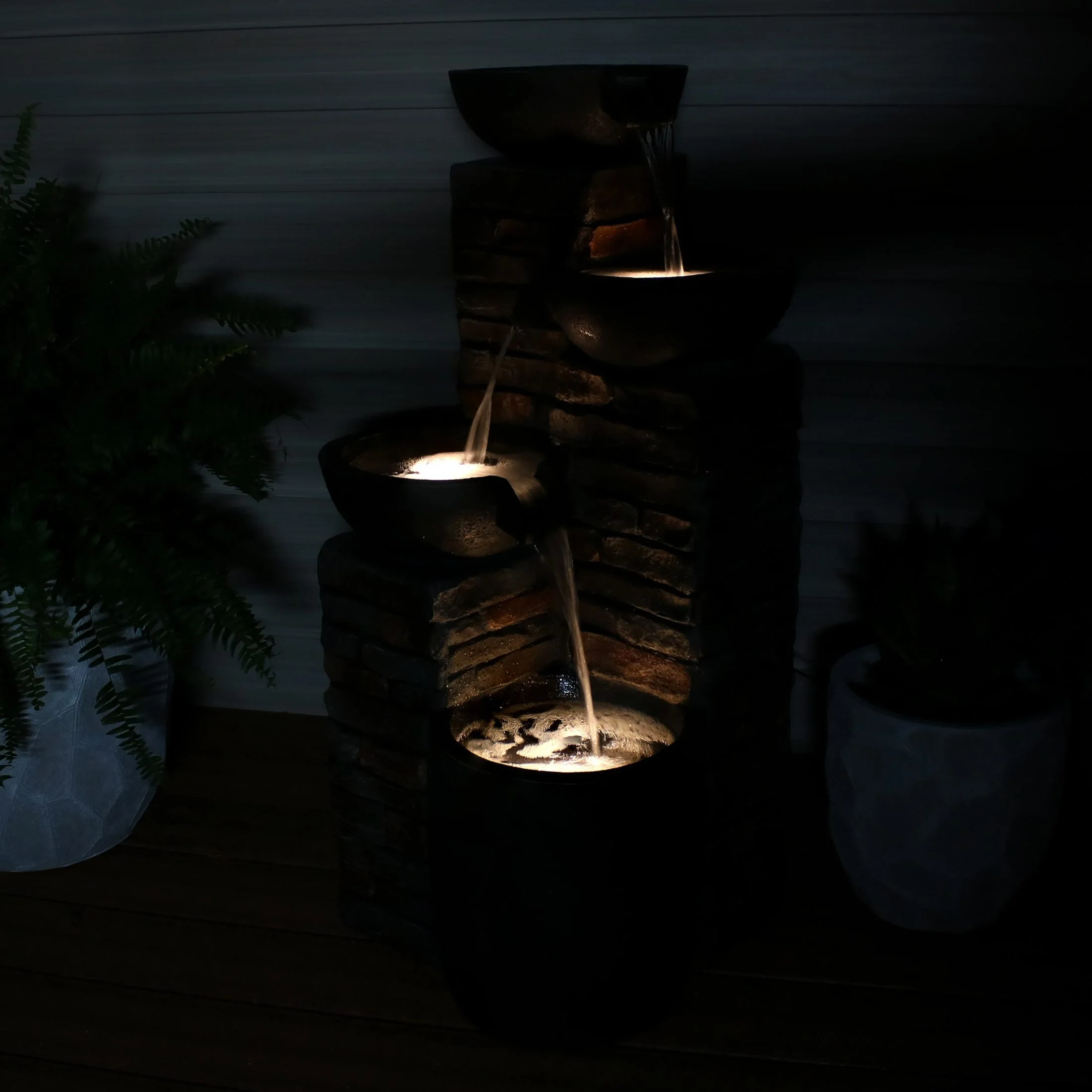 Sunnydaze Staggered Bowls Polyresin Outdoor Water Fountain with Light