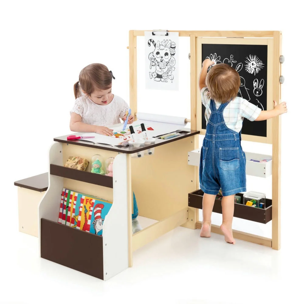 Spaco Kids Art Center Wooden Table Bench Set-Brown, Toddler Table and Chair Set for Arts & Crafts, Snack Time, Homeschooling, Homework