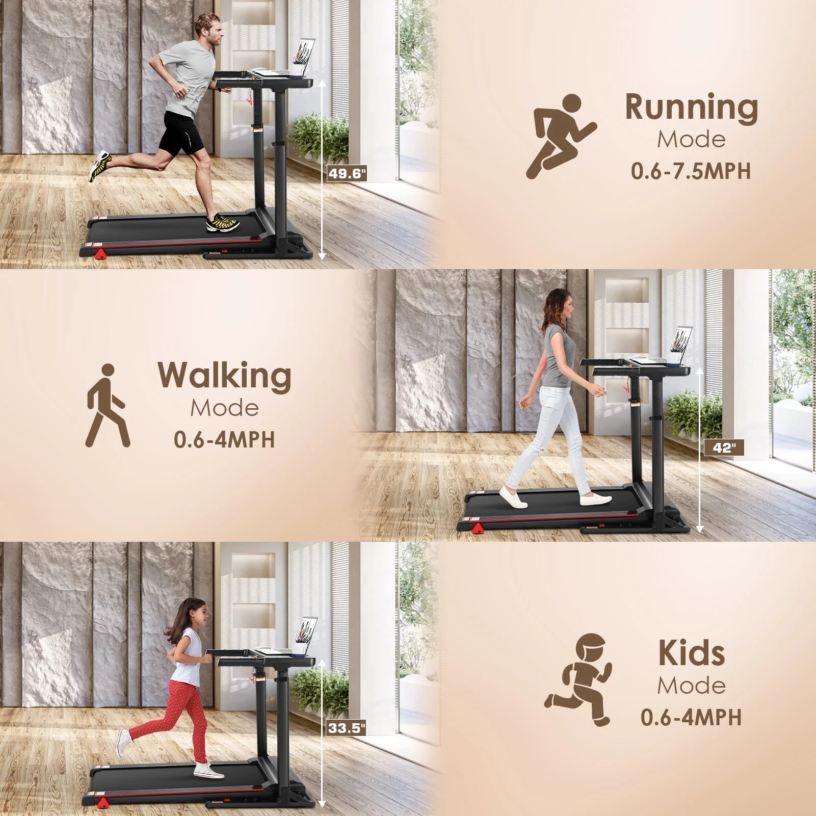Simpfree Treadmill with Height-Adjustable Desk, 300LBS Folding Treadmill with Incline\App\Bluetooth Speakers\LED Monitor\64 Programs for Home, 0.6-7.5MPH/h