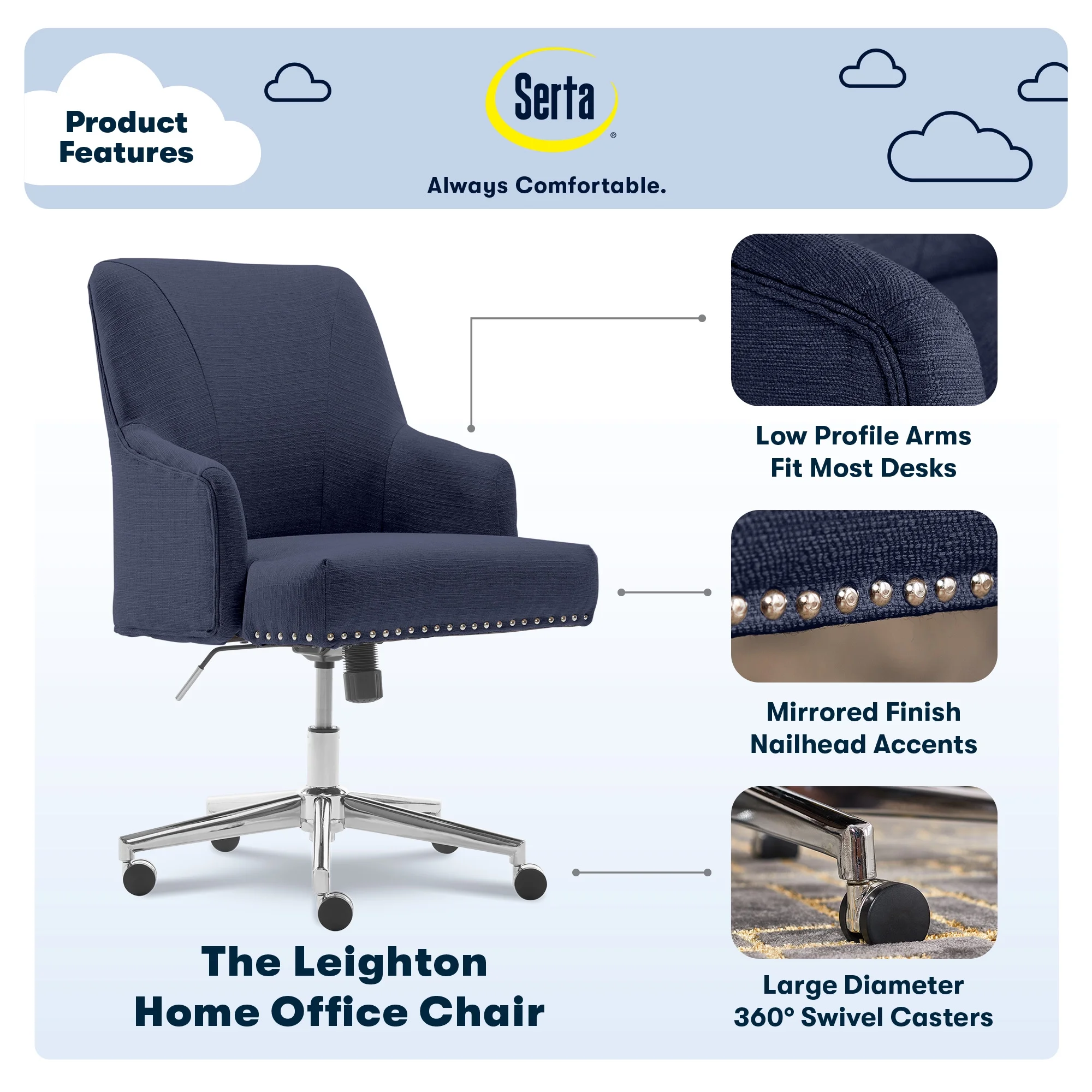 Serta Leighton Home Office Desk Chair Chrome Nailheads Twill Fabric Lilac Purple