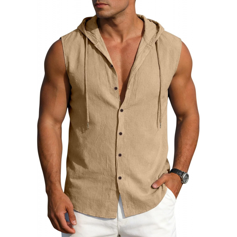 Men's Linen Sleeveless Hoodies Button Down Tank Shirt