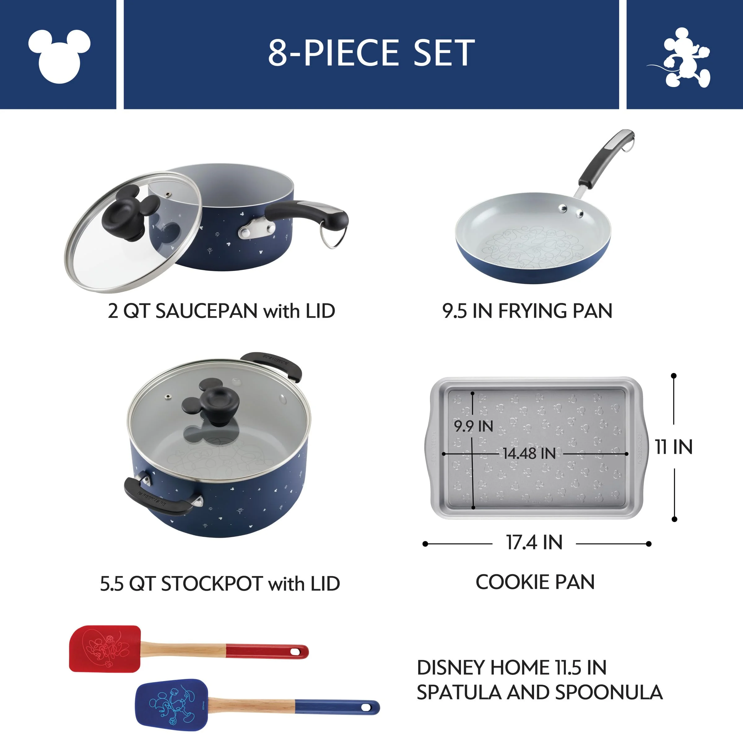 Farberware Bon Voyage Ceramic Nonstick Pots and Pans Set with Baking Sheet/Cookie Pan and Home Kitchen Tools, 8 Piece Non Stick Cookware Set - Blue