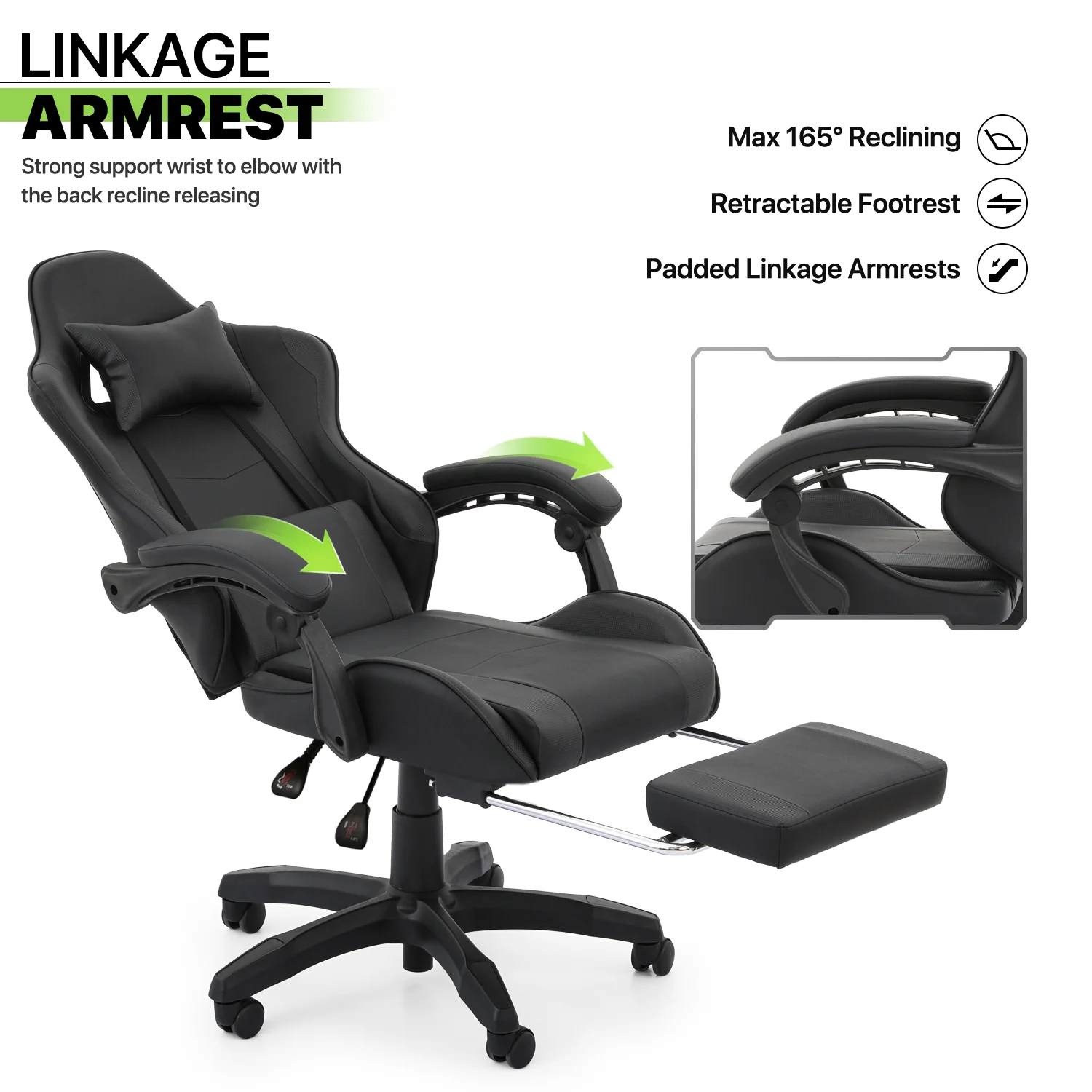 Magshion Adjustable Gaming Chair, Ergonomic PC Computer Seat with Headrest and Lumbar Support for Adults Teens Desk Chair, Black