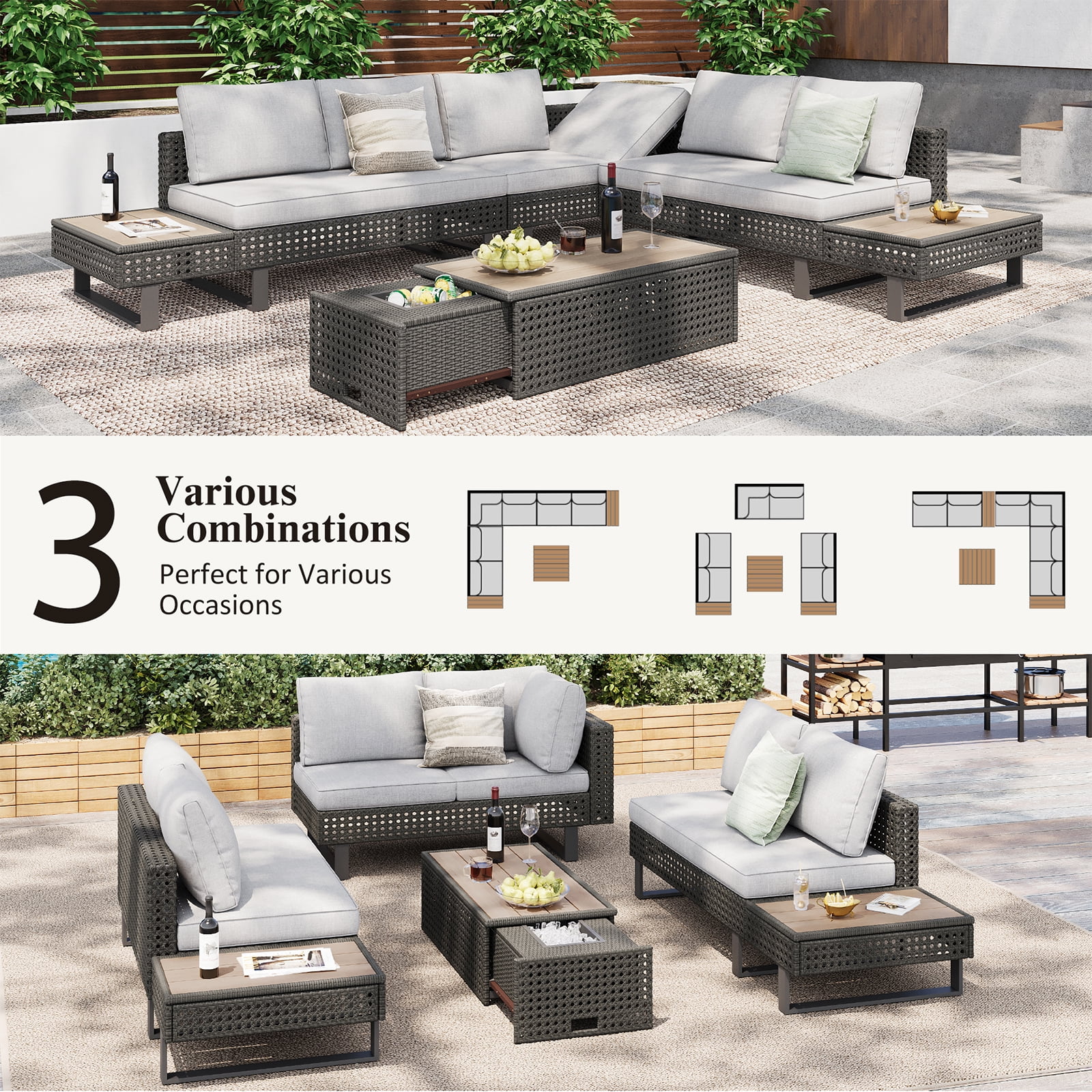 6-Piece Outdoor Sectional Furniture Set for Patio, Expandable Coffee Table w/ Ice Bucket & Collapsible Seat, Deep Cushions - Khaki