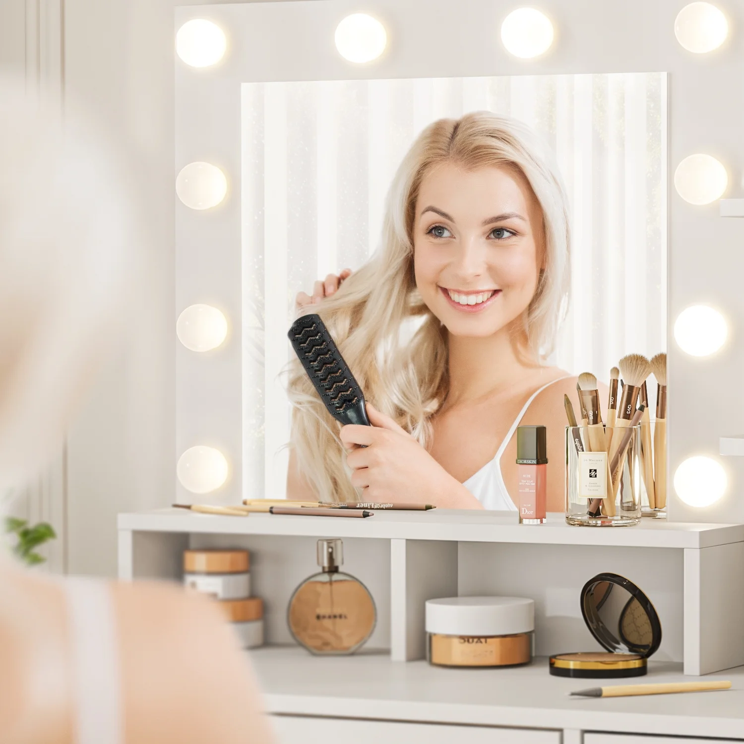 eChamp Makeup Vanity Desk with 3 Color Light & Mirror, Vanity Table with 4 Drawers, Storage Shelf, Power Outlet, Adjustable Brightness Dressing Table, White