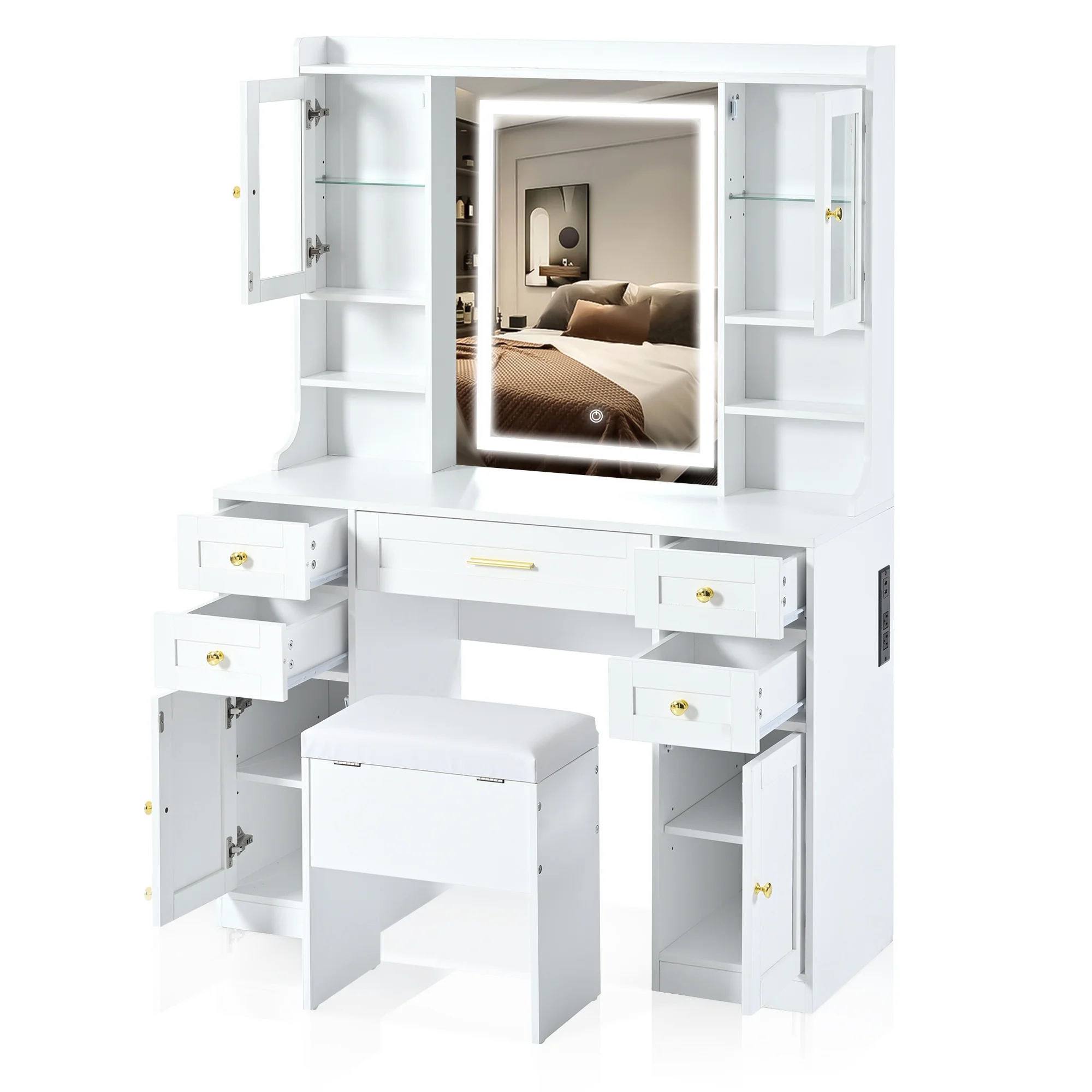 PORKISS Makeup Vanity with Mirror, Vanity Desk Set with 3 Colors Lights, Charging Station and Cushioned Storage Stool, Modern Dressing Table with 5 Drawers and 4 Cabinets for Bedroom, White