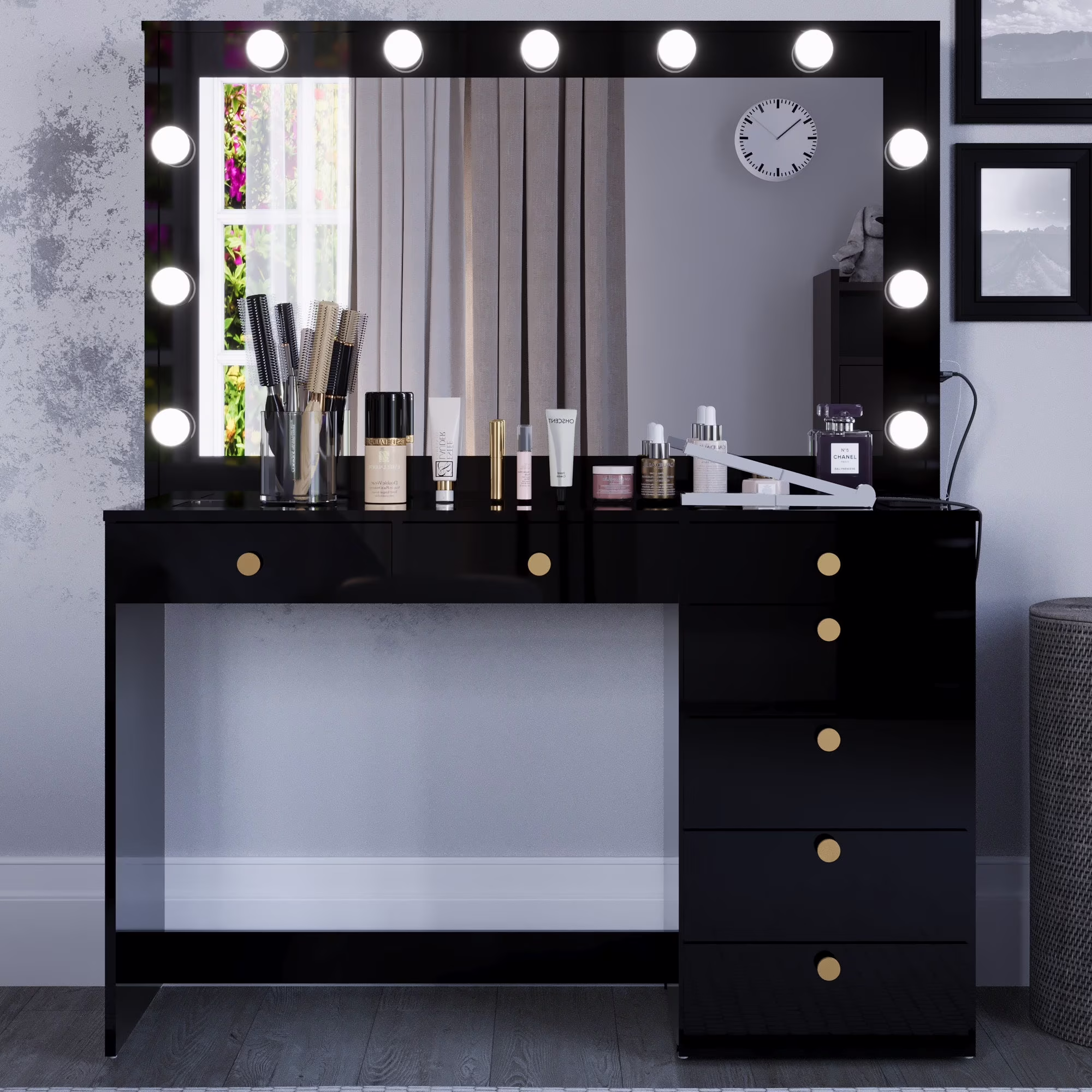 Ember Interiors Modern Large Greige Makeup Vanity Desk with Built-in Lights, Power Outlet with USB Type-C, Glass Top, 7 Drawers and Crystal Knobs