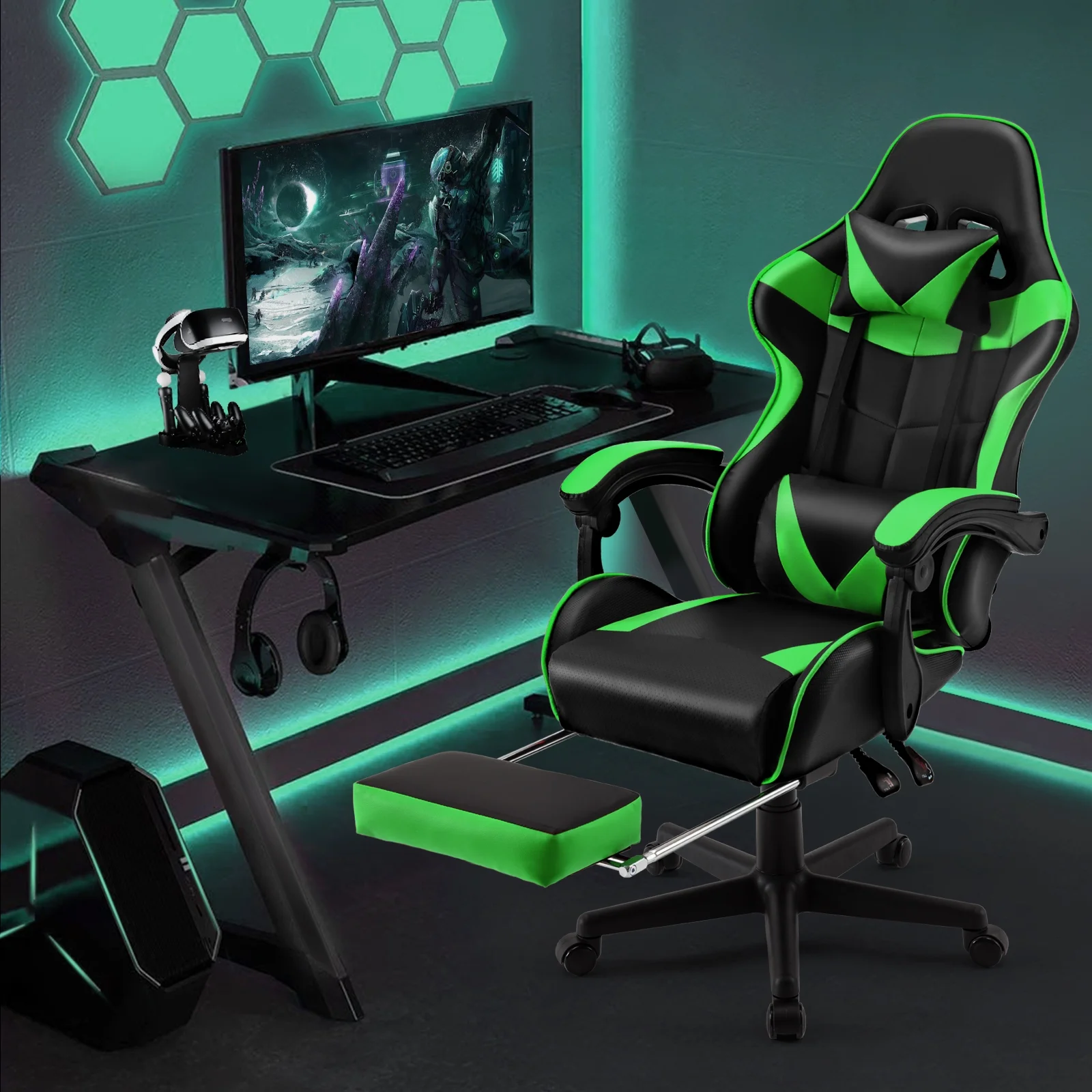SOONTRANS Green Gaming Chair with Footrest, High Back Gamer Chair with Massage Lumbar Pillow, Gamer Computer Desk Chair (Green)