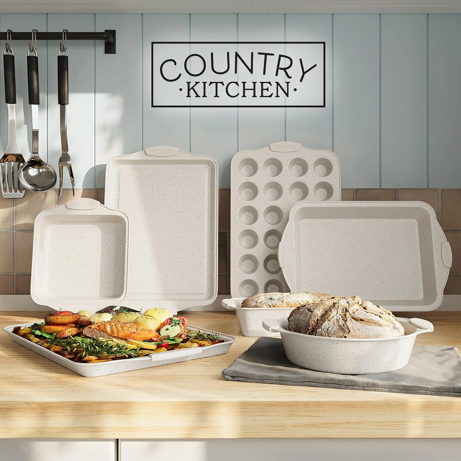 Country Kitchen 10-Piece Nonstick Bakeware Set - Stackable Pots and Pans, Black