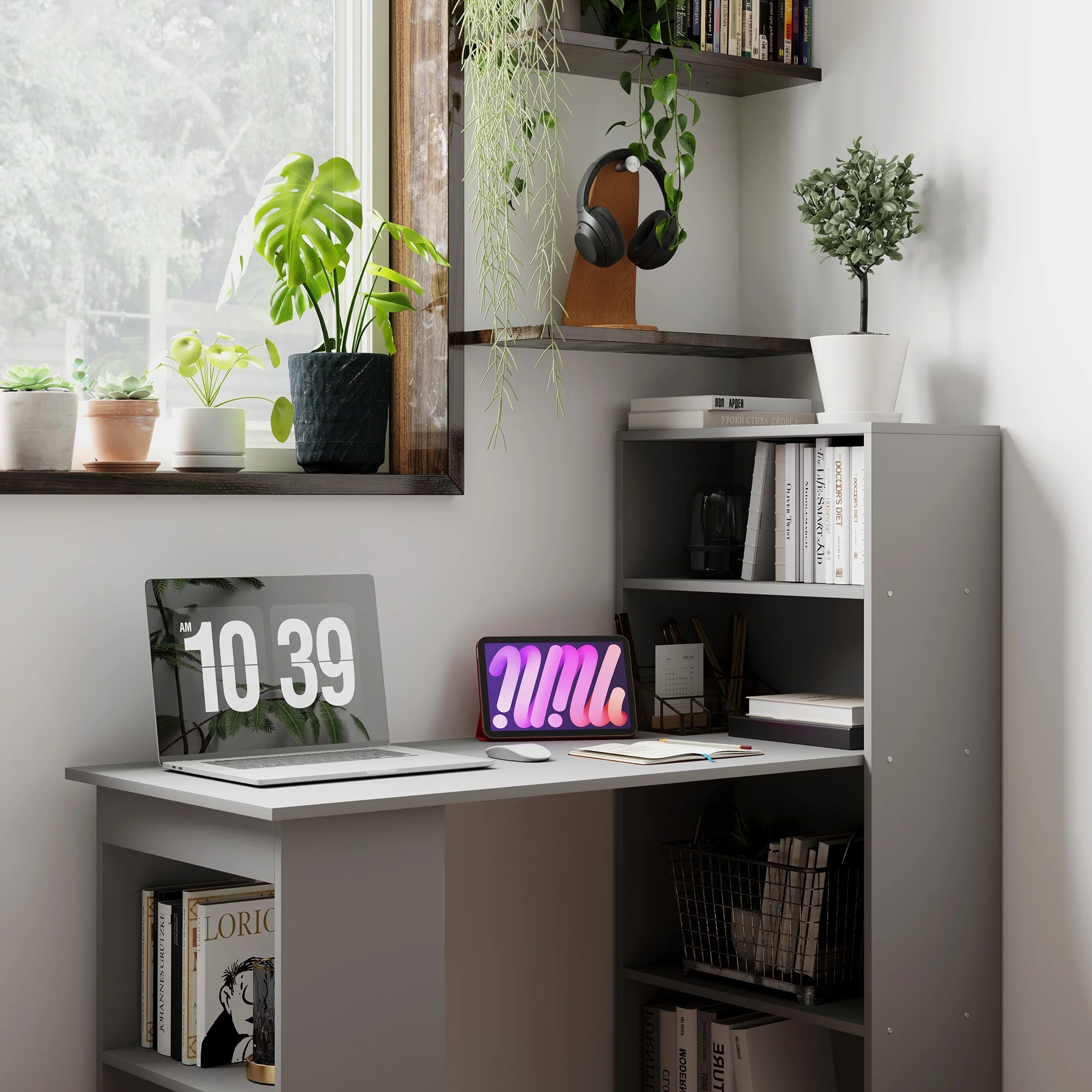 HOMCOM Modern Compact Computer Desk with 6-Tier Storage Shelves, Writing Table Workstation with Bookshelf for Home Office, Gray