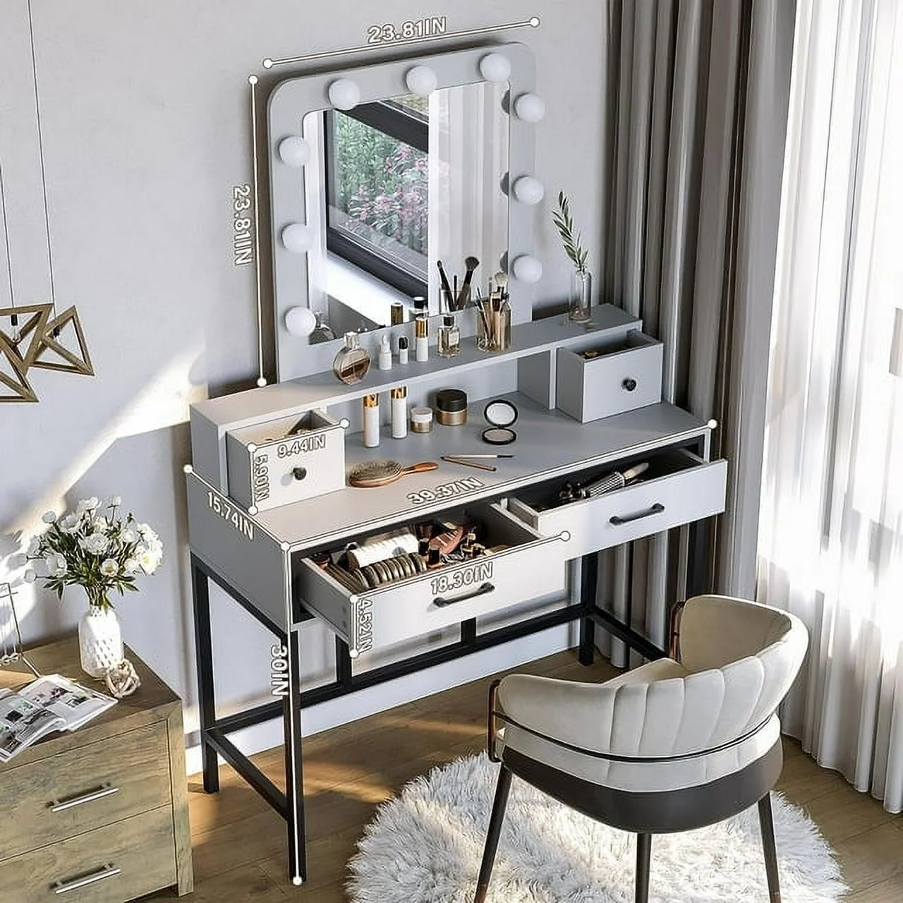 Heynemo Makeup Vanity with 3 Color Dimmable Lighted Hollywood Mirror, Vanity Table with 4 Drawers for Women Girls, Dressing Desk for Bedroom, Beauty Room, Brown