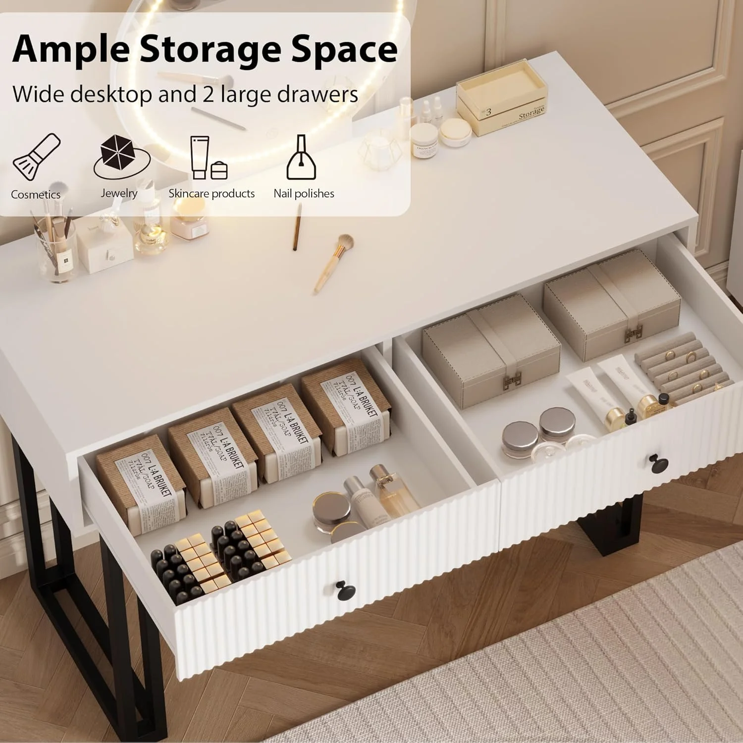 Vanity Desk with Mirror and Lights, Small Makeup Vanity with 2 Drawers, Modern Vanity Organizer with 3 Color Lights＆Adjustable Brightness, Dressing Table for Bedroom, White