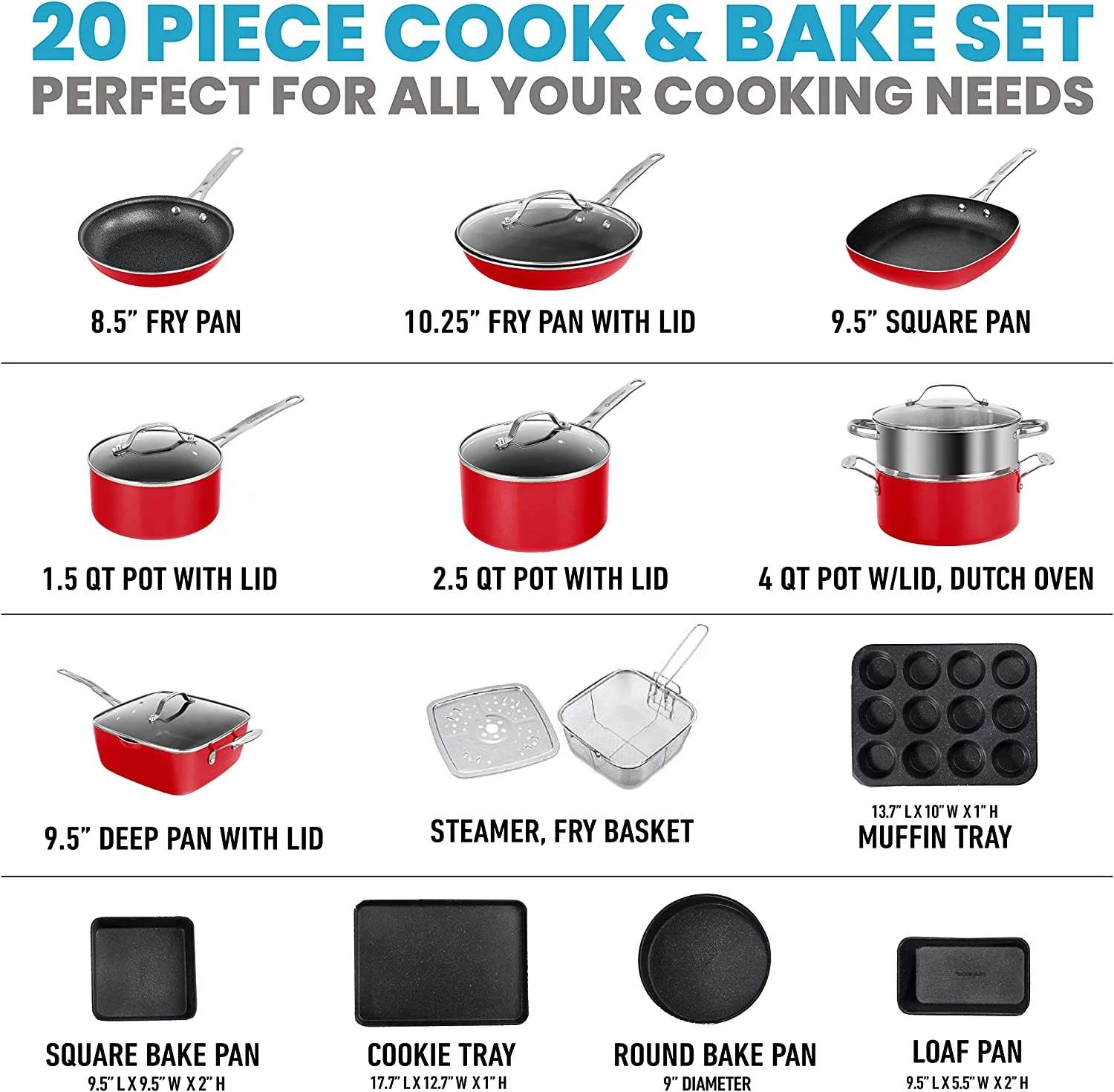 Granitestone Pots and Pans Set, 20 Piece Complete Cookware + Bakeware Set with Ultra Nonstick, Includes Frying Pans, Saucepans, Stock Pots, Steamers, Cookie Sheets and Baking Pans