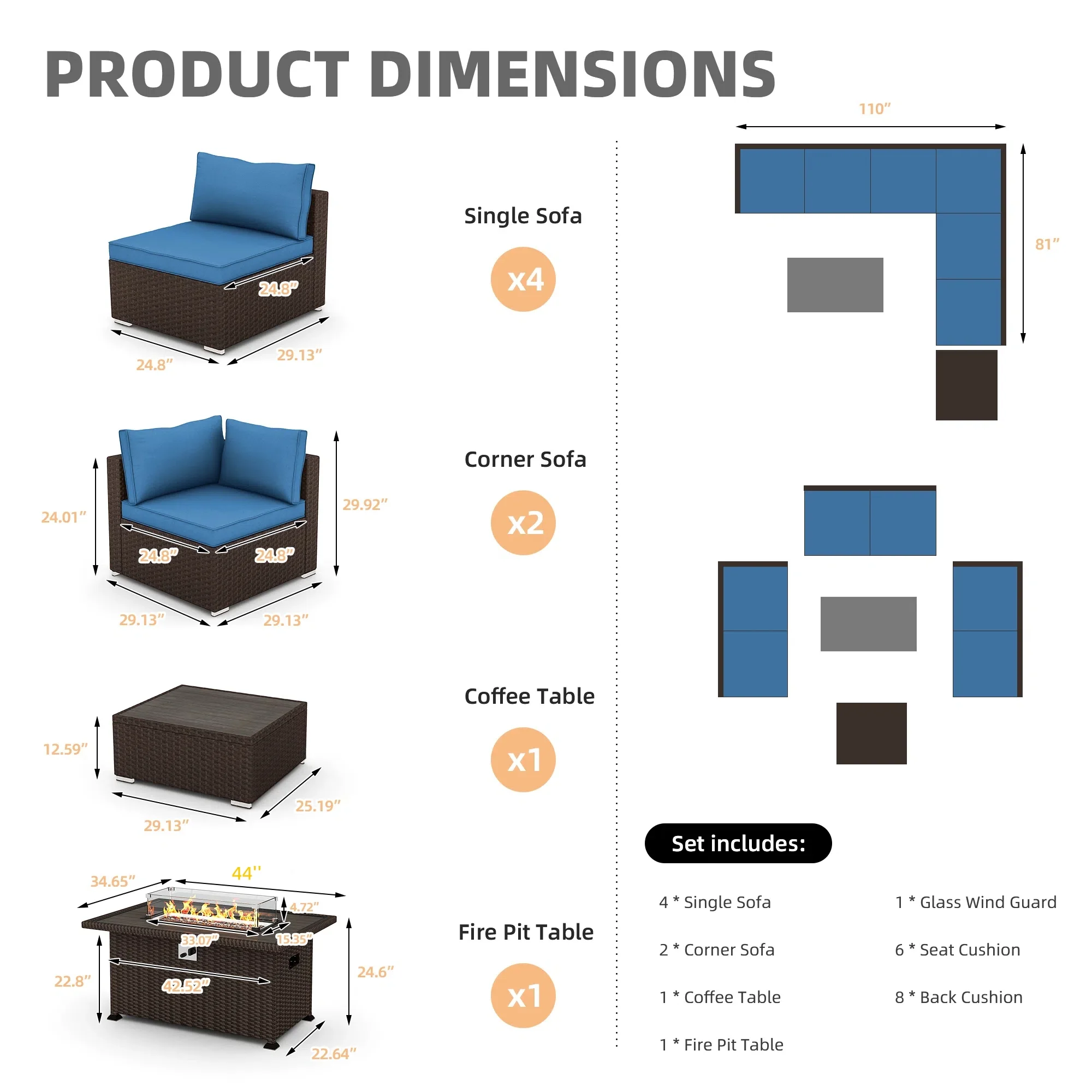 HOMREST 7 Pieces Outdoor Patio Furniture Set with 44