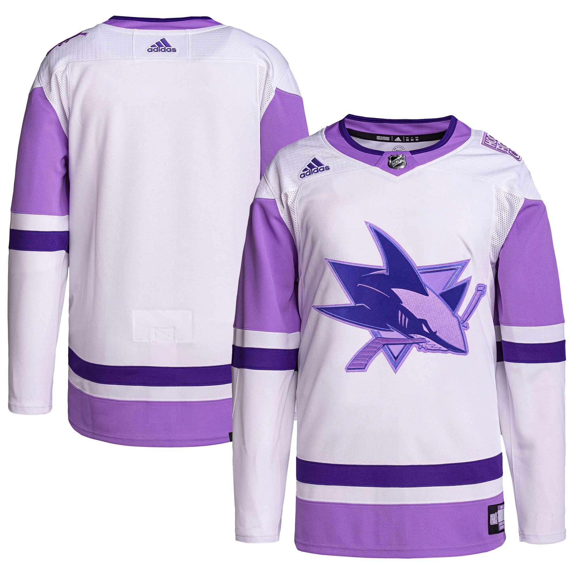 San Jose Sharks  Hockey Fights Cancer Primegreen  Blank Practice Jersey – White/Purple