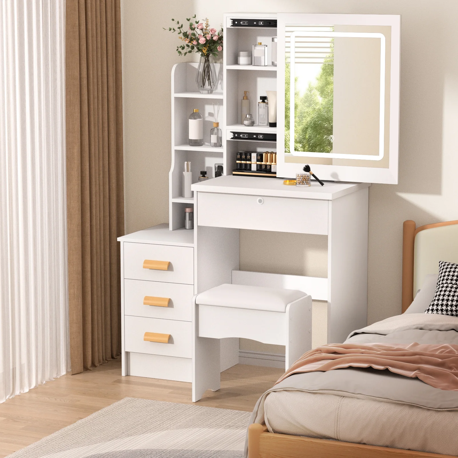 StarBay Makeup Mirror Desk Minimalist Makeup Table Compact Vanity Desk with Sliding Mirror and Lights, Hidden Storage Space, 4 Drawer, Sliding Lighted Mirror