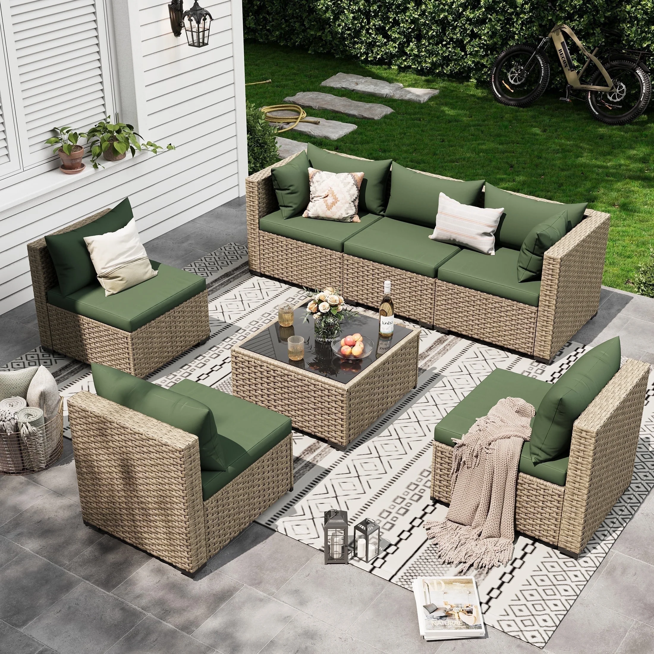 POTEBAN 7 Pieces Outdoor Patio Furniture Set, Grey Rattan Wicker Outdoor Conversation Sectional Sofa Set with Cushions for Backyard, Green